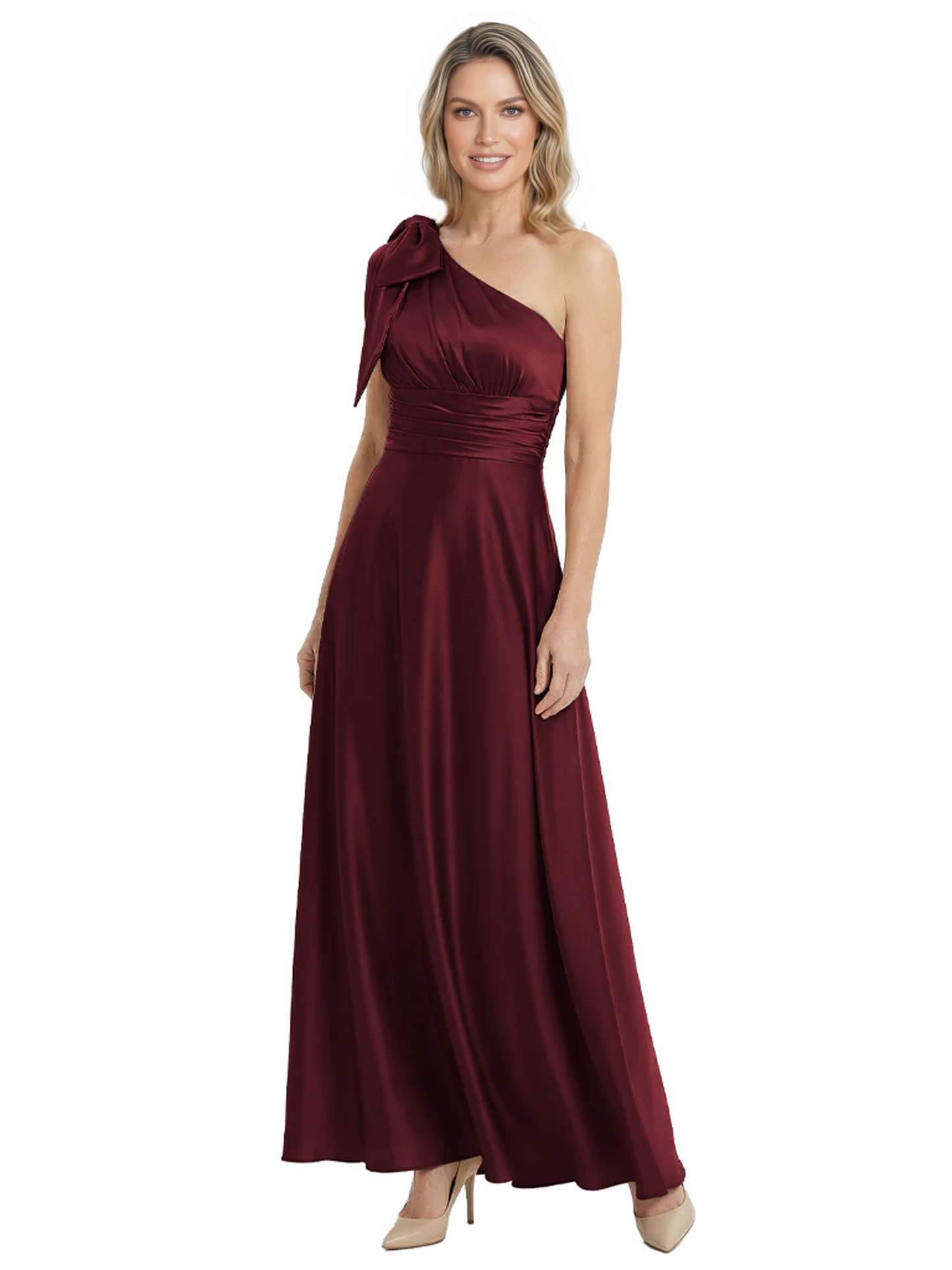 One-Shoulder Mother of the Bride Dress Satin Gown with Bow Ruched Empire Waist