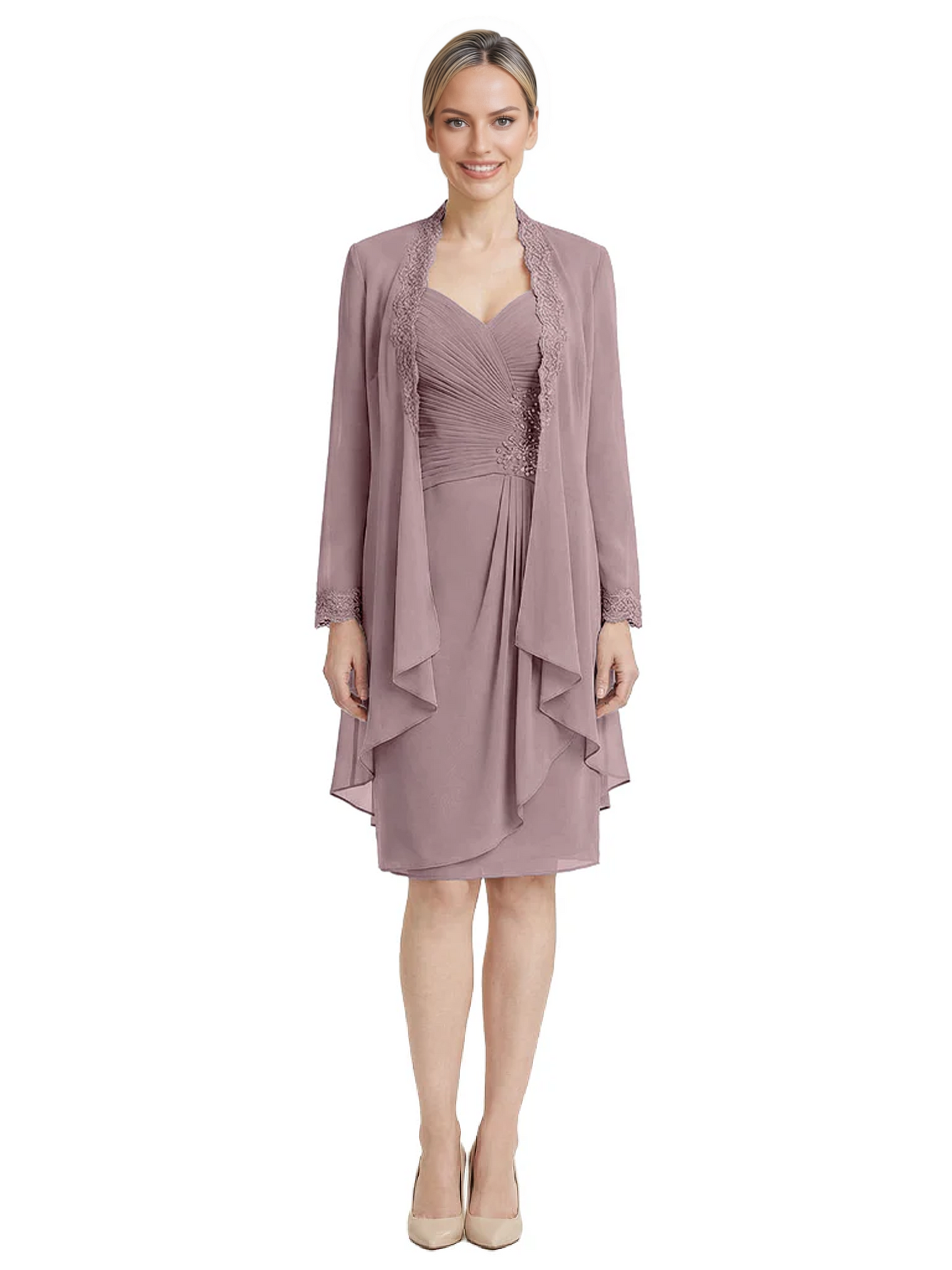2PCS Knee Length Chiffon Mother of the Brides Dresses Short V-Neck