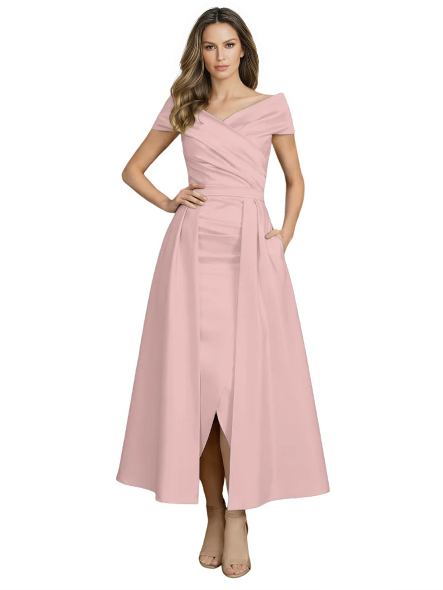 Formal Floor-Length Mother of the Bride Gown Satin Maxi Dress with Slit Off Shoulder