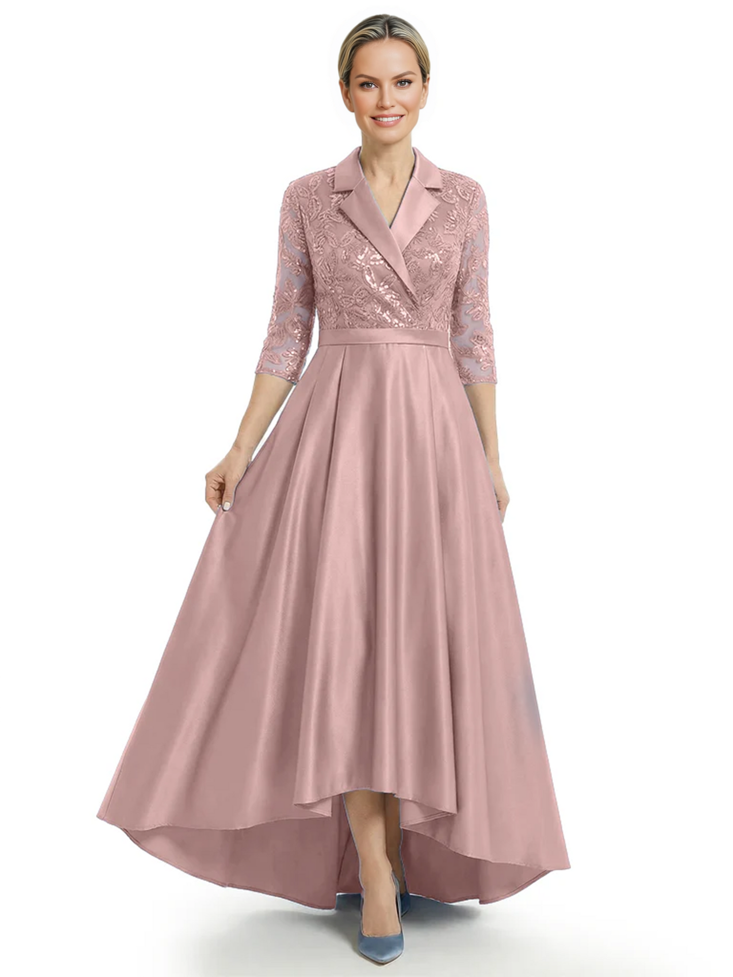 Elegant Mother of Bride Dress Evening Gowns Trending Styles with Lapel Collar 3/4 Sleeves