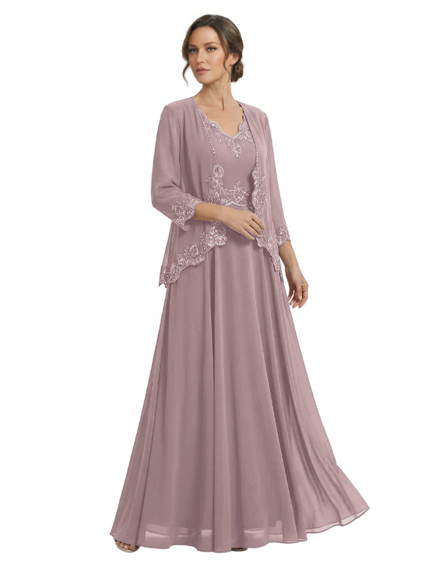 Plus Size A-line Chiffon 3/4 Sleeves Mother of the Brides Dresses Long Jacket Dress