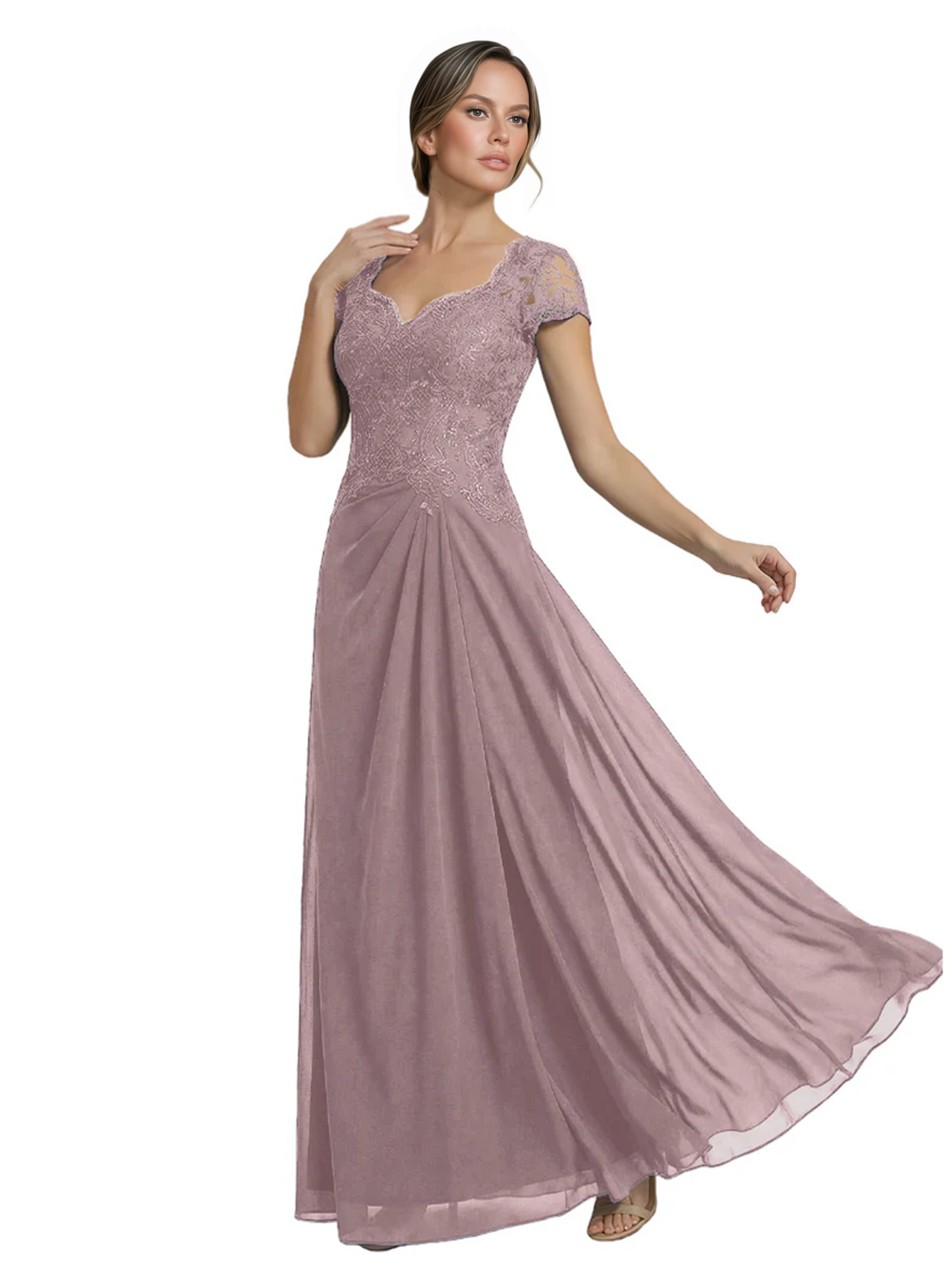 Long A-line Chiffon Short Sleeves Mother of the Brides Dresses Lace Wedding