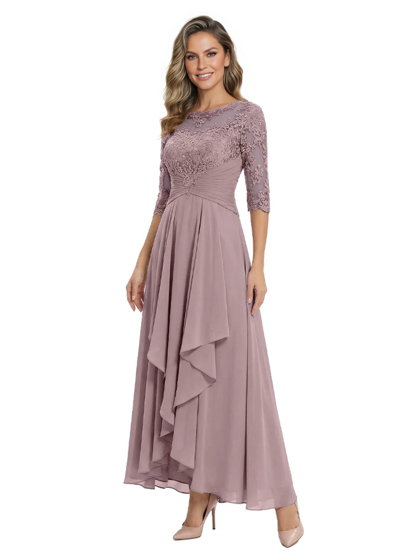 3/4 Sleeve Mother of the Bride Dress with Lace Embroidery High-Low Hem 2026