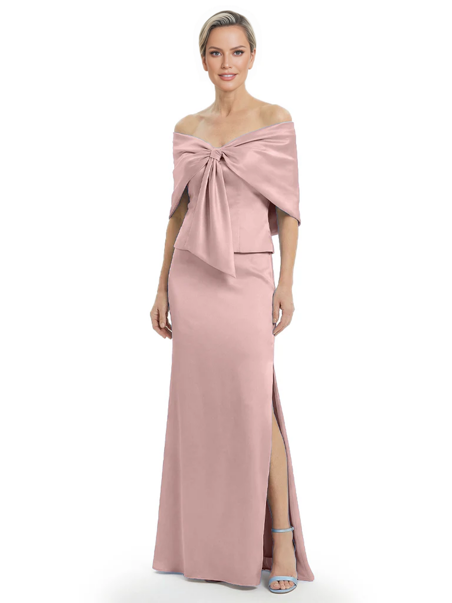 Formal Floor-Length Mother of the Bride Gown Satin Maxi Dress with Bow Neckline