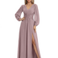 A-Line Mother of Bride Dress V-Neck Chiffon Gown Long Sleeves Slit Formal Dress