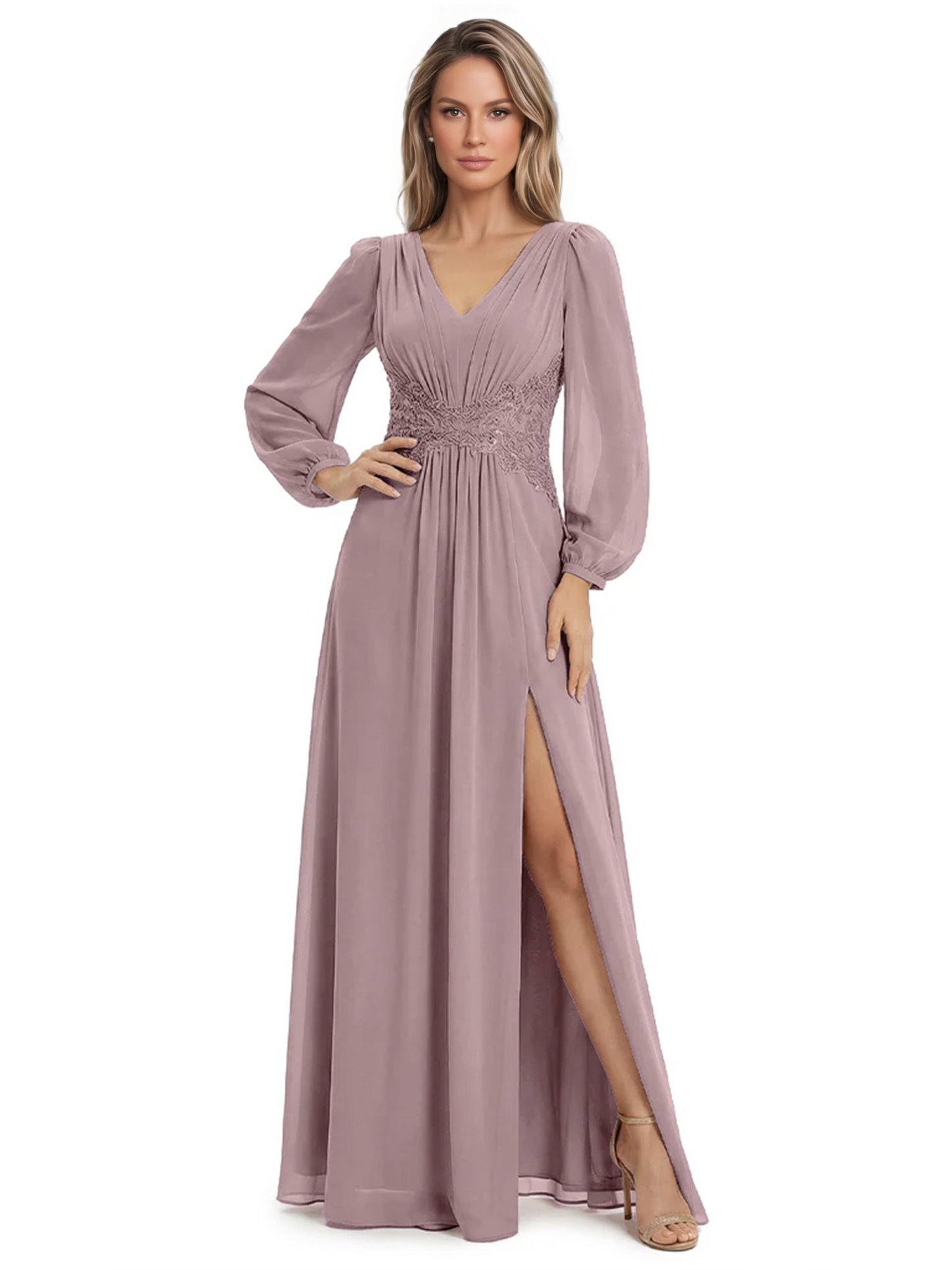 A-Line Mother of Bride Dress V-Neck Chiffon Gown Long Sleeves Slit Formal Dress