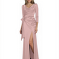 Elegant Evening Gowns Slit Trending Styles Satin Slit Formal Dress Cowl Neckline Gown Tie