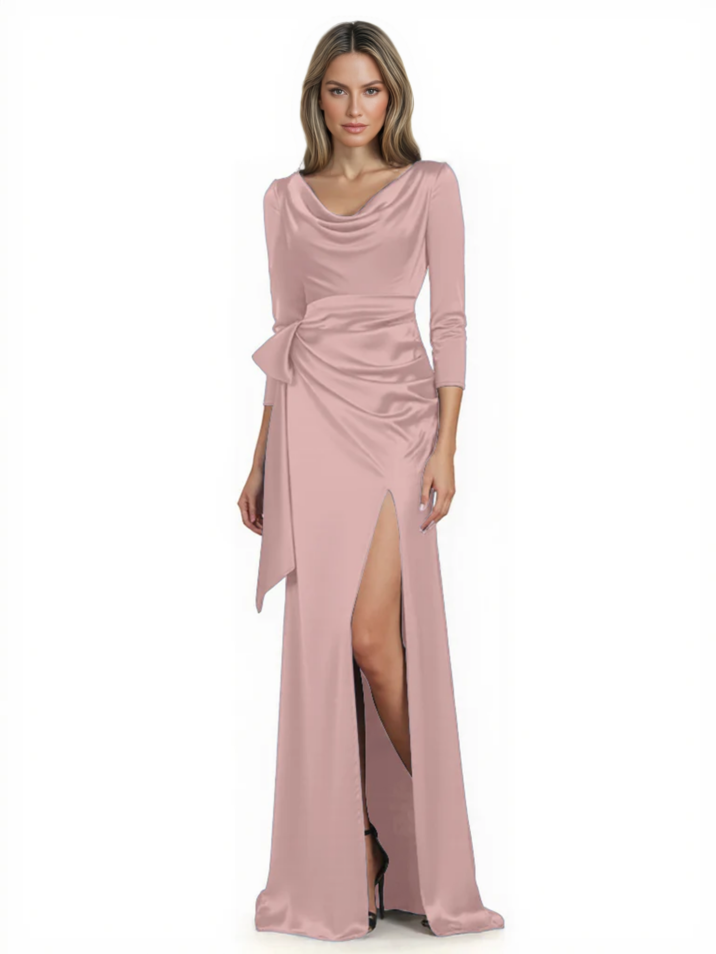 Elegant Evening Gowns Slit Trending Styles Satin Slit Formal Dress Cowl Neckline Gown Tie