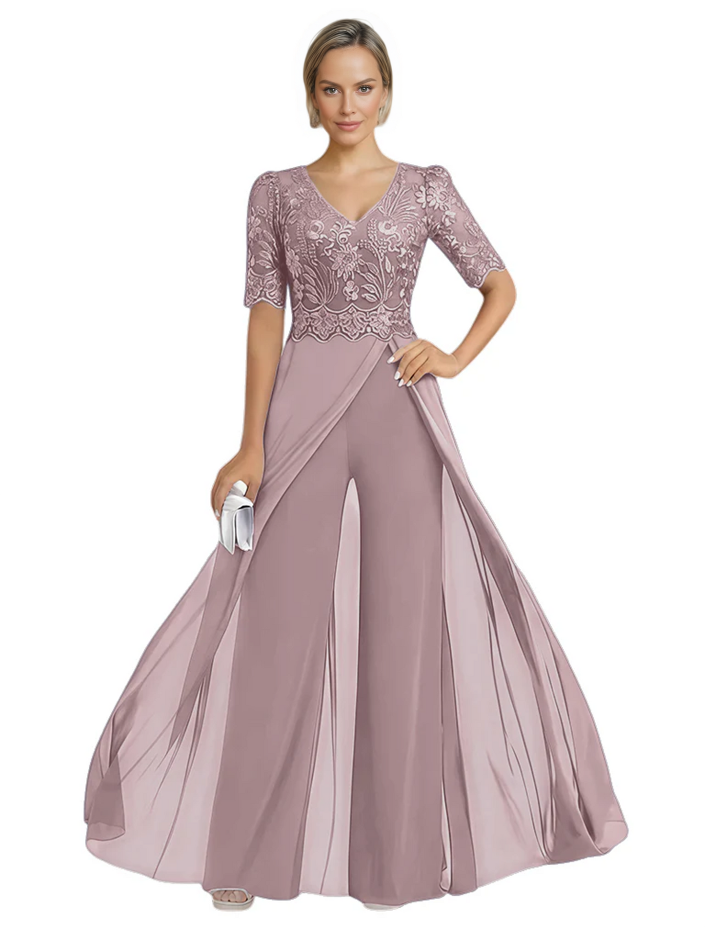 V-Neck Chiffon Mother of the Brides Jumpsuits Dresses Floor Length A-Line Lace