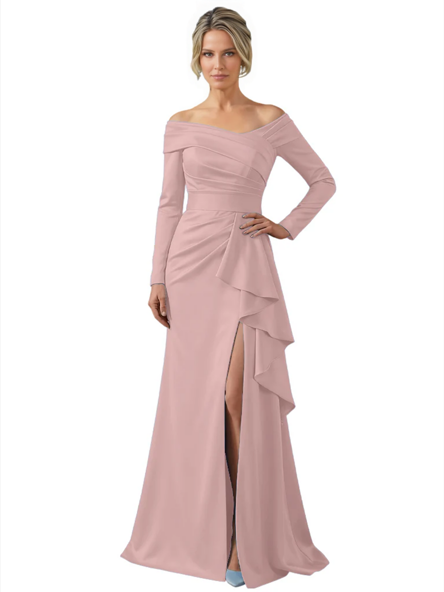 Elegant Mother of the Groom Dress Cascading Ruffle Satin Gown with High Slit Long Sleeves