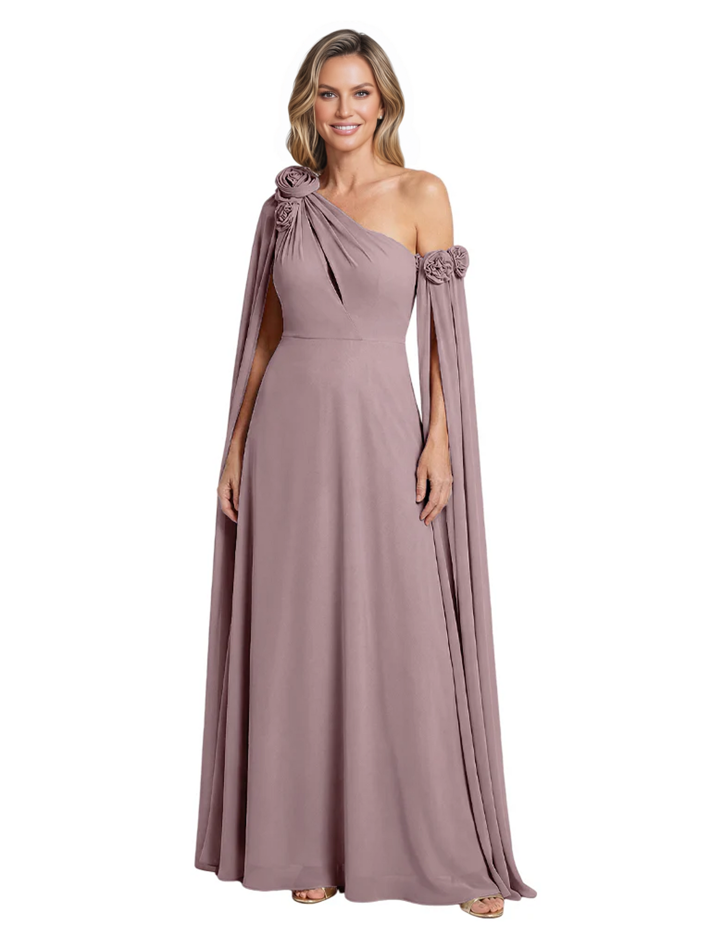 One Shoulder Mother of the Bride Dress Asymmetrical Cape Sleeve Gown with Floral