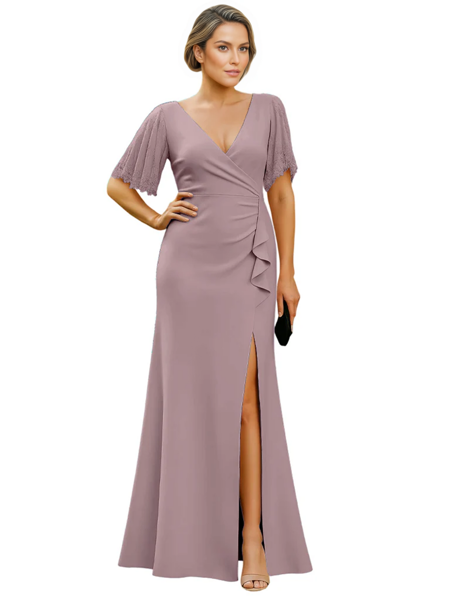 Elegant Evening Gown Trending V-Neck & Ruffle Detail Mother of Bride Outfits Slit