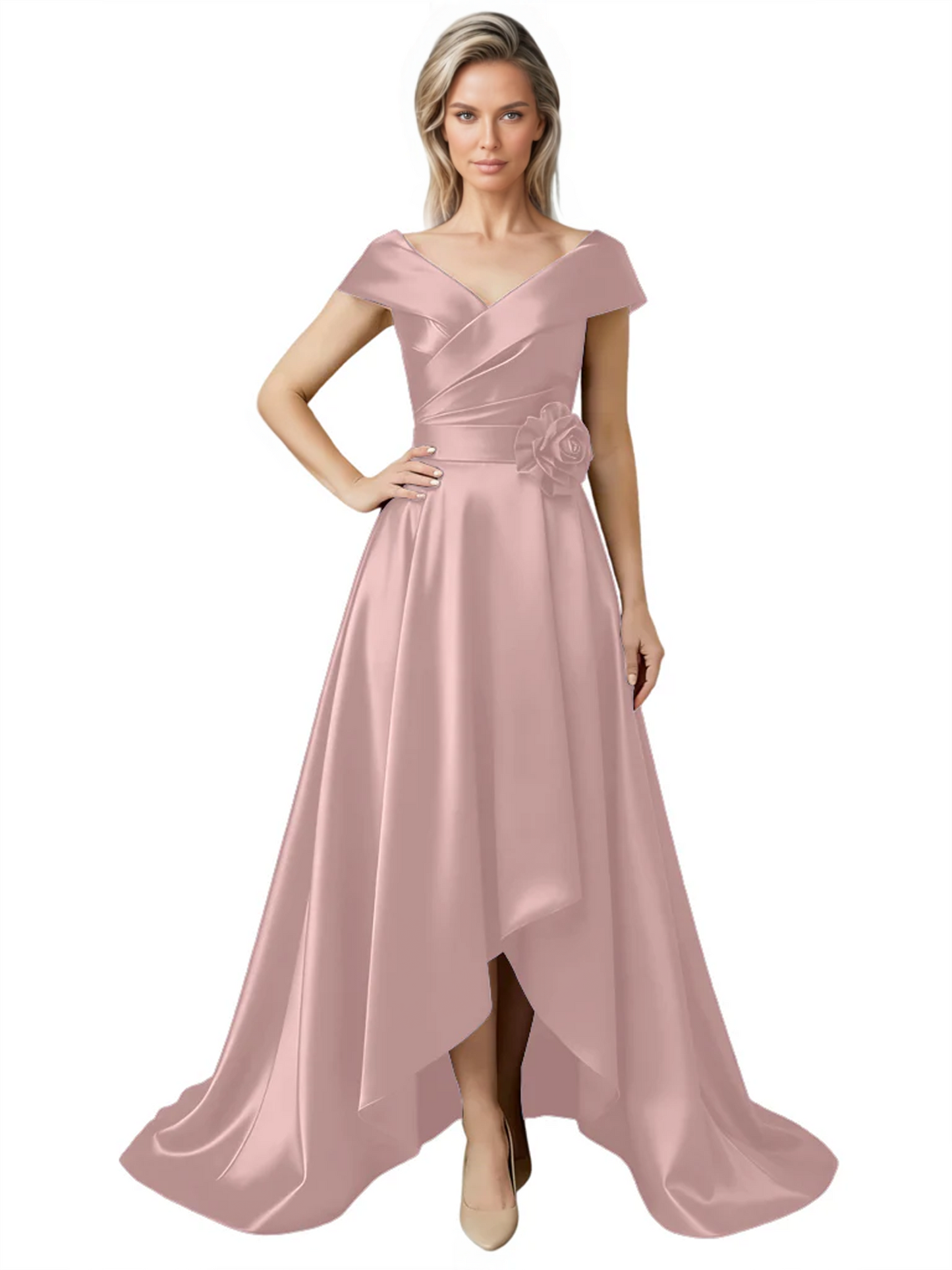 Off Shoulder Mother of the Bride Dress High-Low Satin Gown with Portrait Neckline