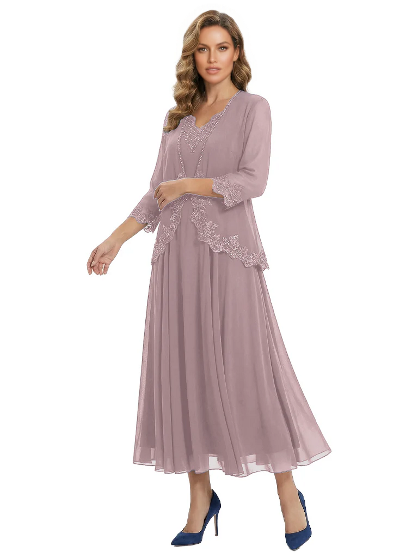 3/4 Sleeve Chiffon Mother of the Brides Dresses V-Neck Wedding Party Gowns