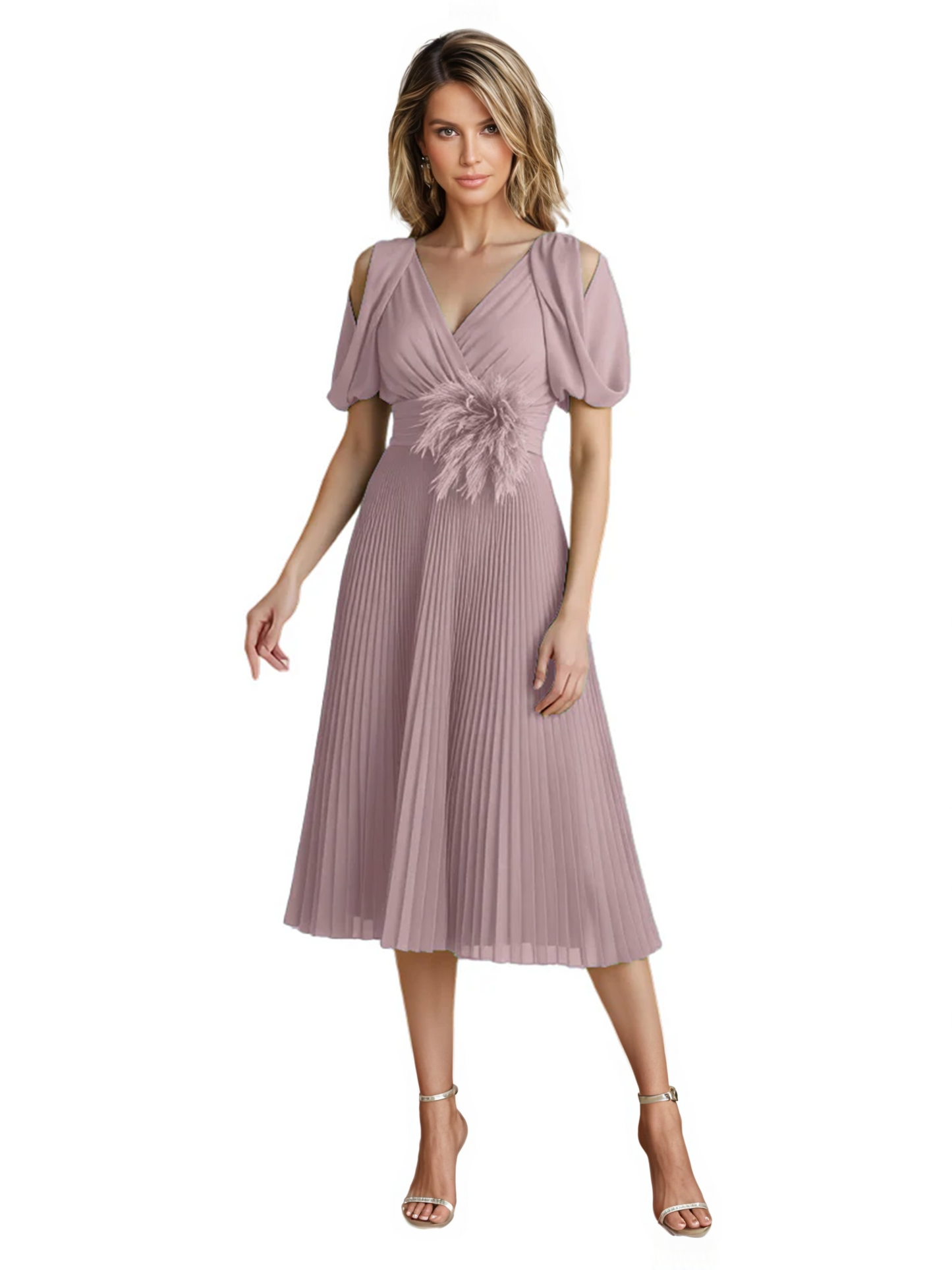 Wedding Formal Dress V-Neck Pleated Chiffon Gown with 3D Flower Accent Knee Length