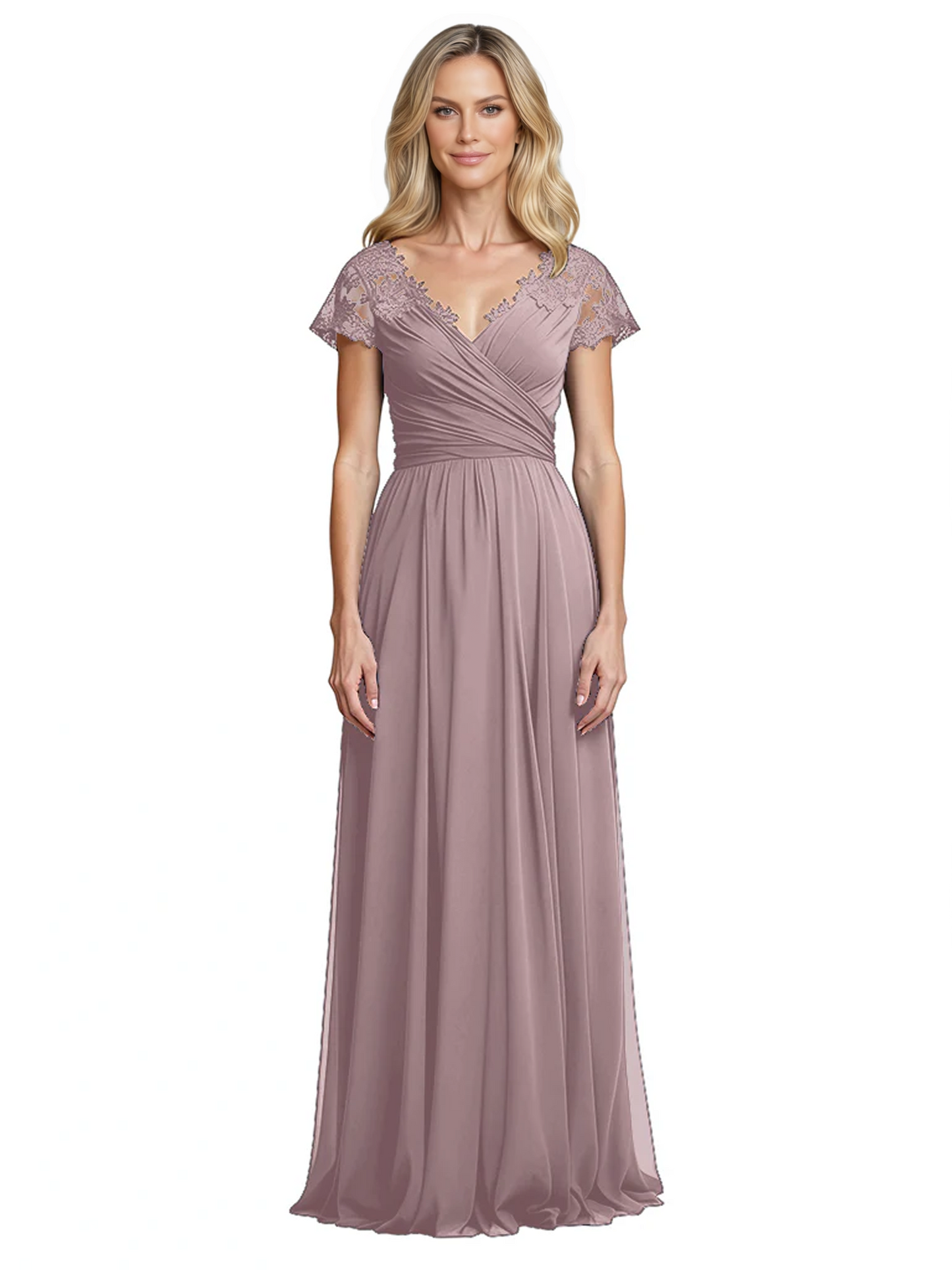 Mother of the Bride Dress Cap Sleeves and V-Neckline with Embroidered Lace Shoulders