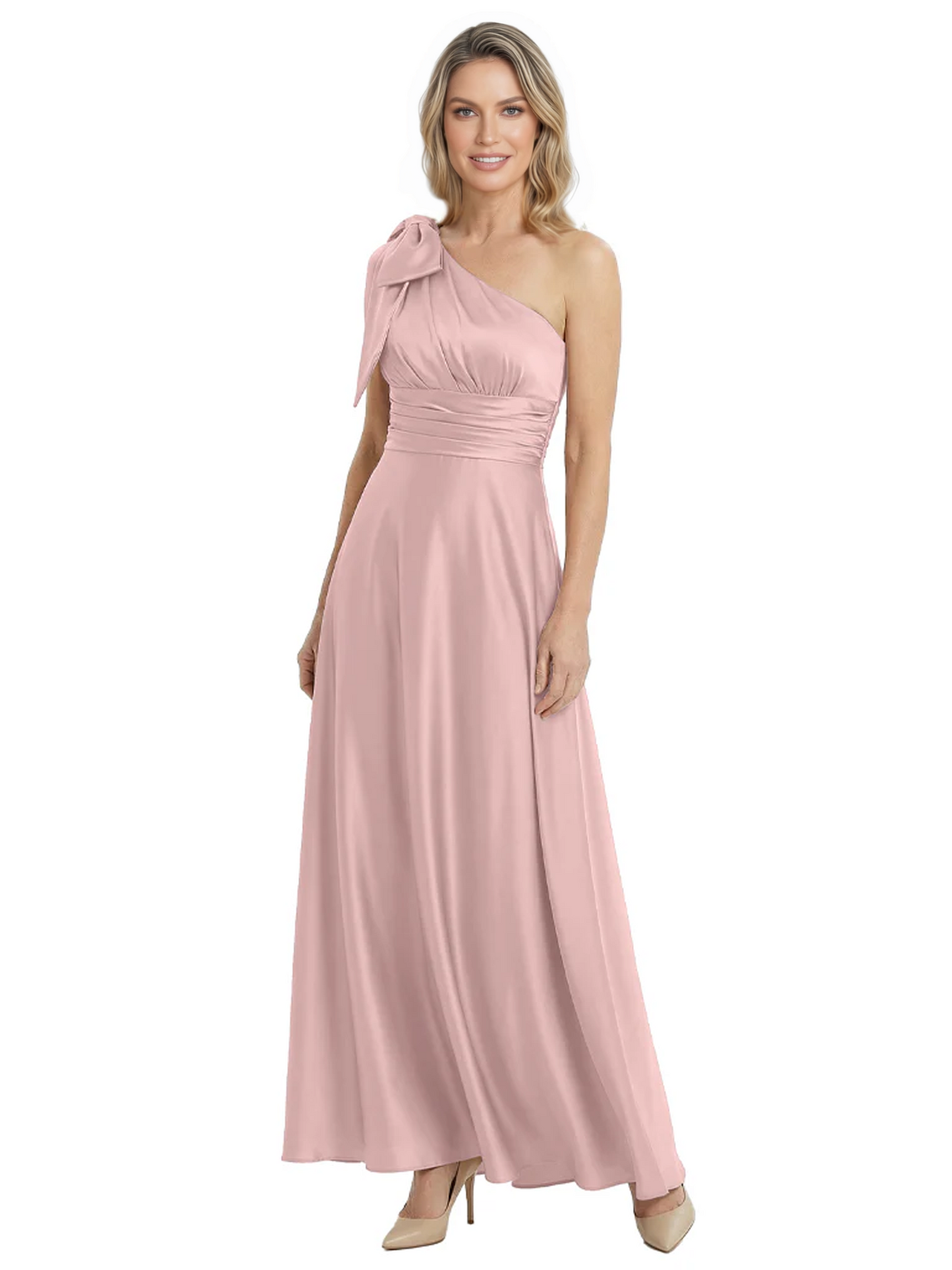 One-Shoulder Mother of the Bride Dress Satin Gown with Bow Ruched Empire Waist
