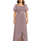 Formal High-Low Mother of the Bride Gown Sleeved Chiffon Maxi Dress Ruched Waist