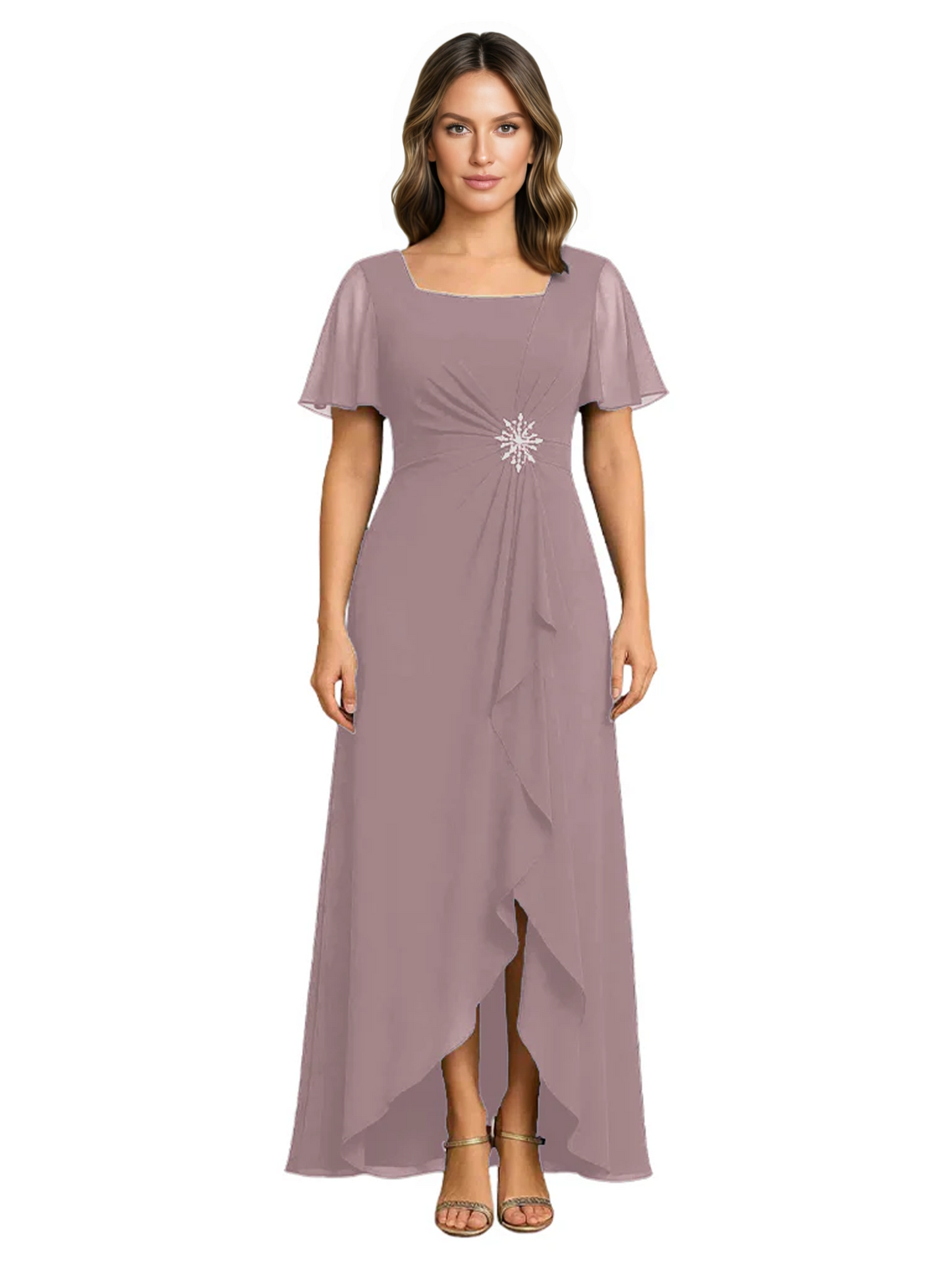 Formal High-Low Mother of the Bride Gown Sleeved Chiffon Maxi Dress Ruched Waist