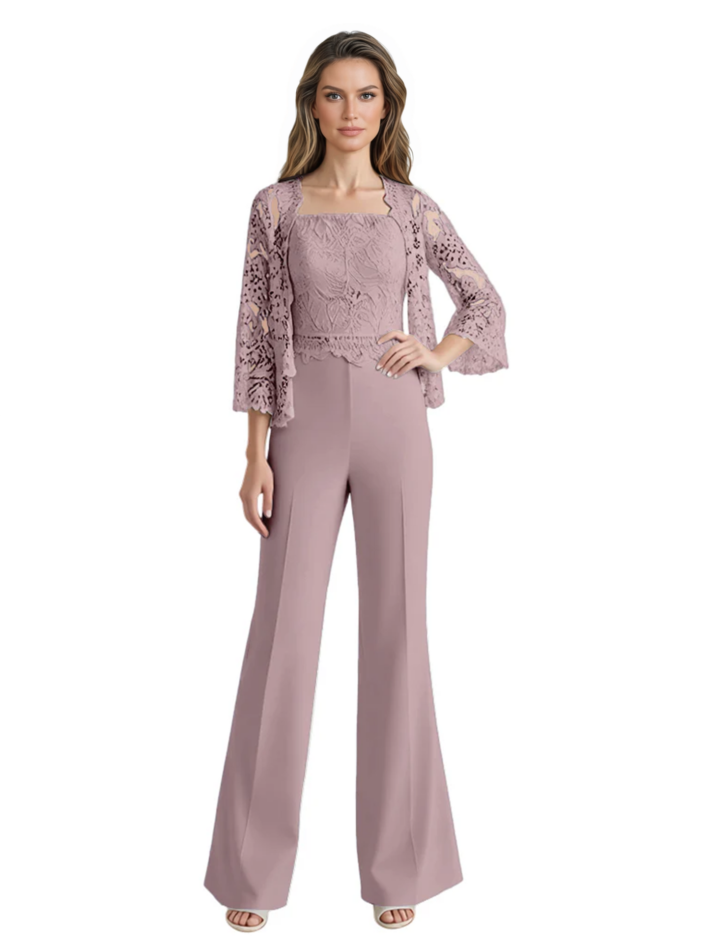 Mother of the Bride Jumpsuit with Lace Jacket 3/4 Sleeve Formal Pant Suit