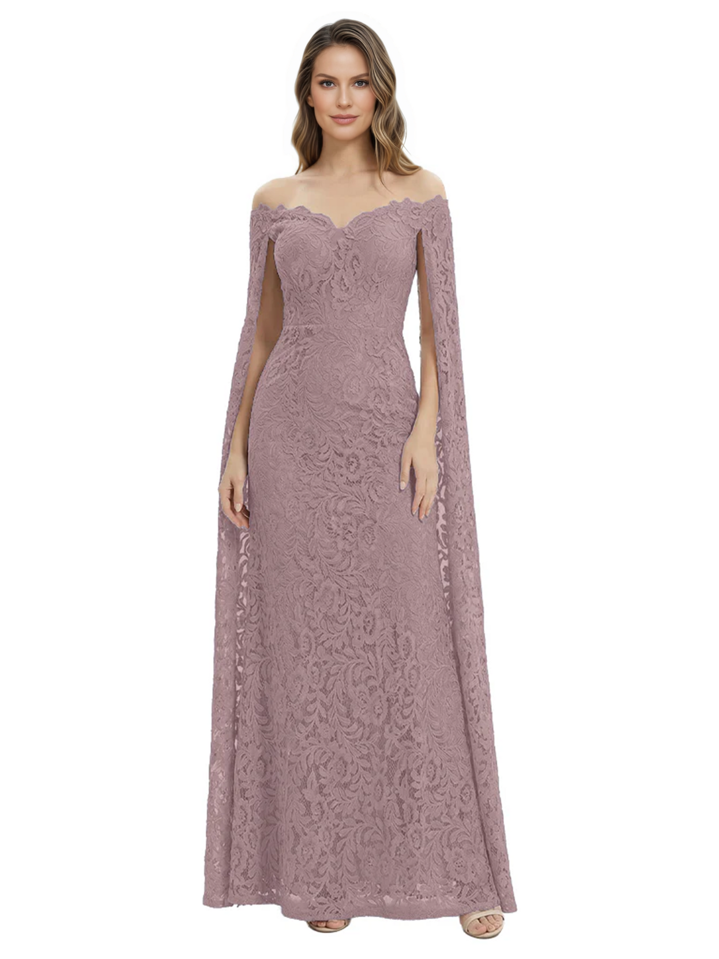 Elegant Mother of the Groom Gown Floral Lace Embroidered Formal Dress with Cape