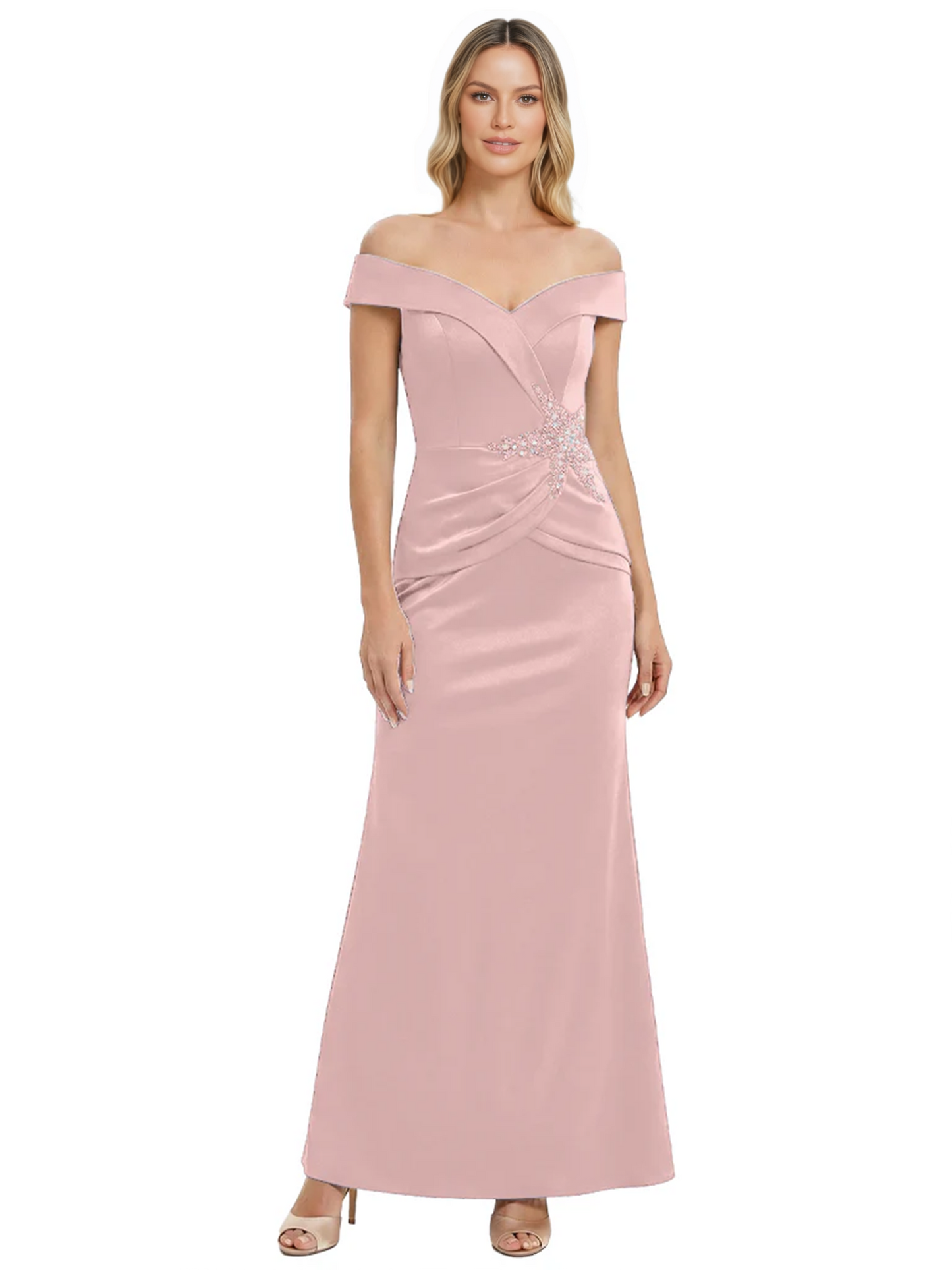 Off Shoulder Mother of the Bride Dress Beaded Waist Satin Gown Portrait Neckline