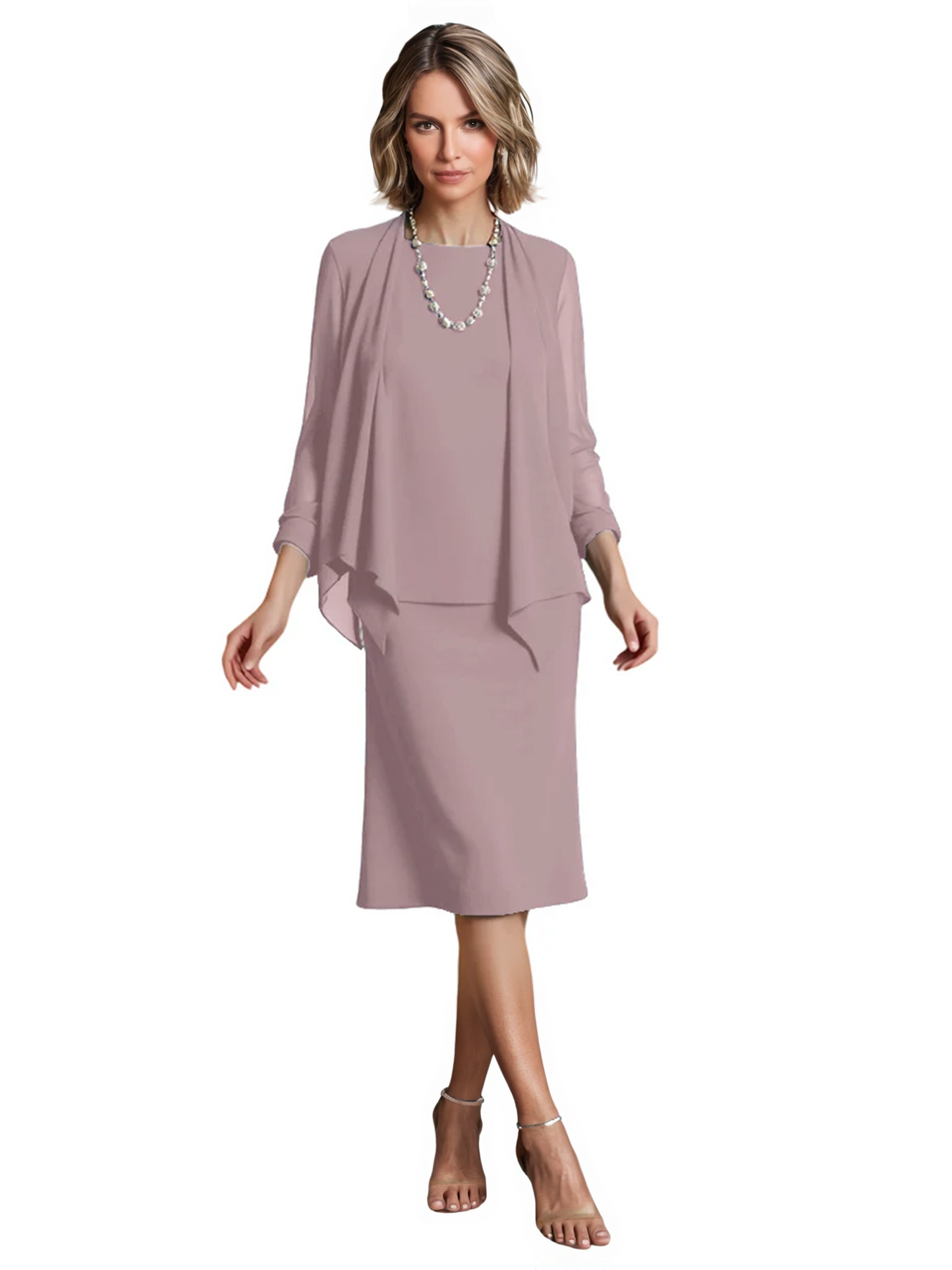 3 PCS Knee-Length Mother of Bride Dresses Prom Dress Evening Dress with Sheer Sleeves and Jacket