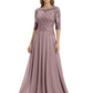 Illusion Neck Mother of the Bride Dress Half Sleeve Lace Applique Gowns Chiffon