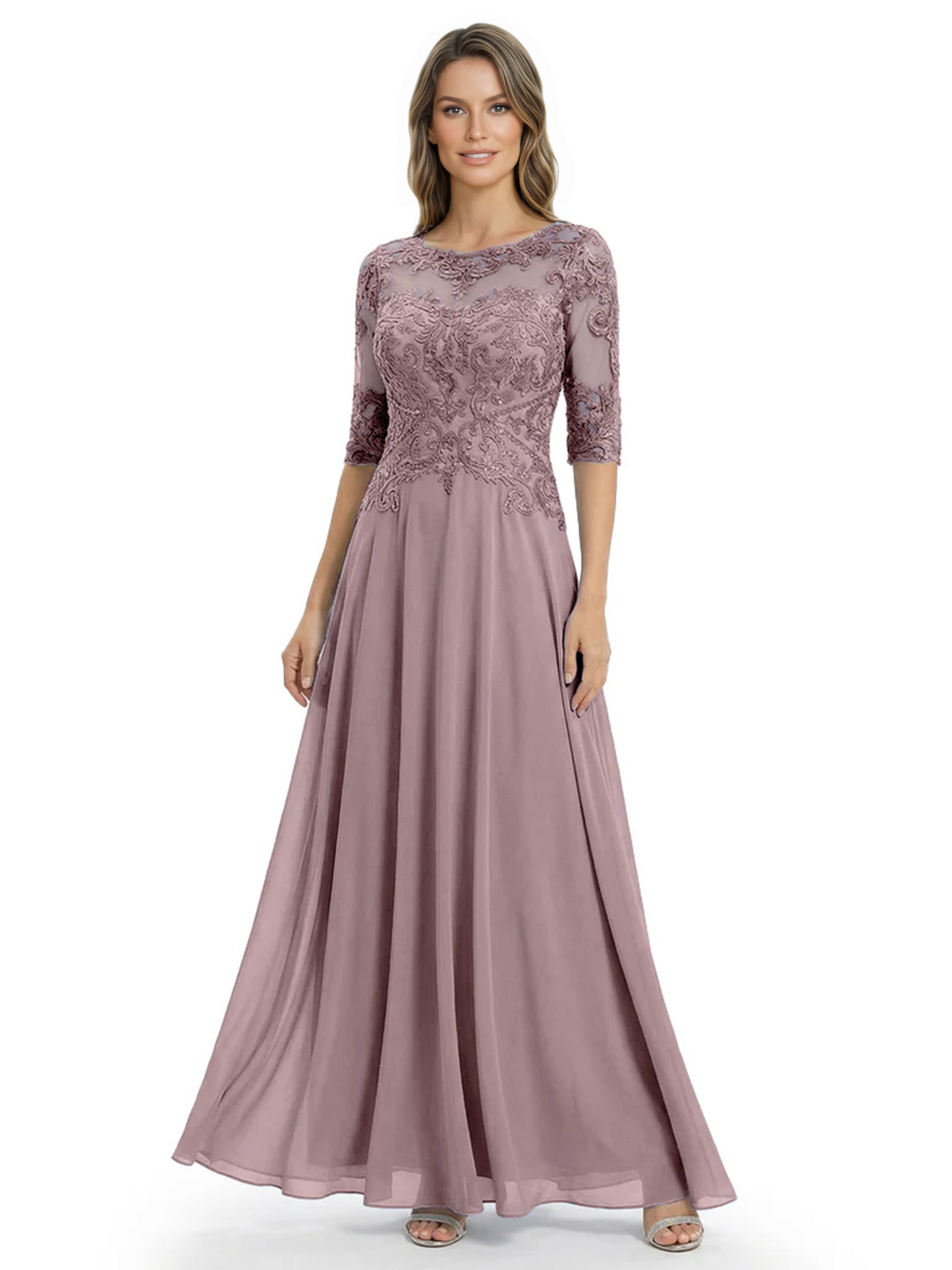 Illusion Neck Mother of the Bride Dress Half Sleeve Lace Applique Gowns Chiffon