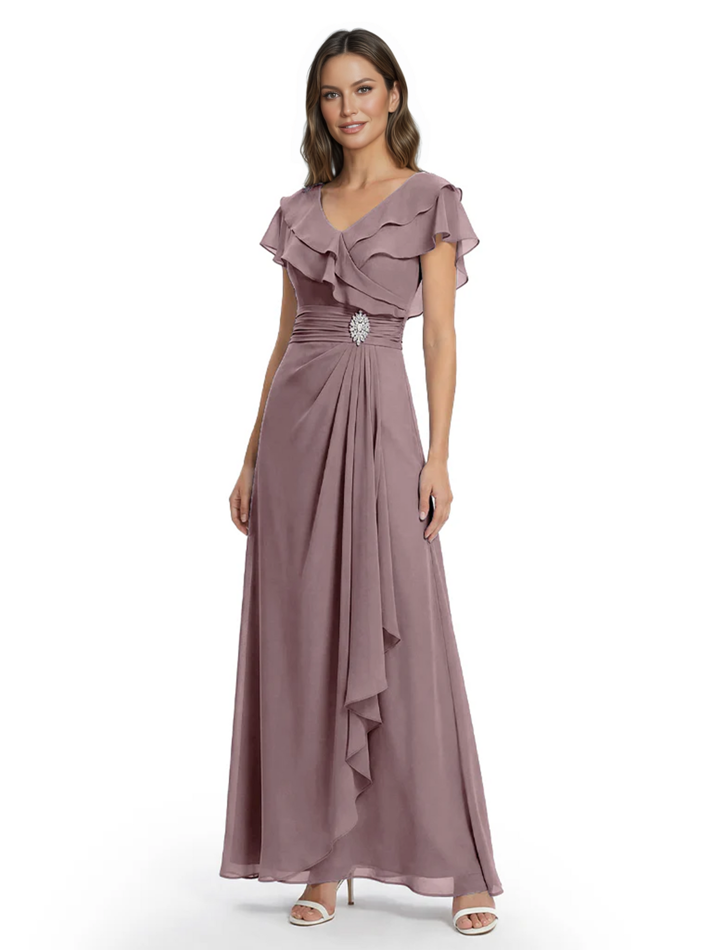 Elegant Mother of the Groom Dress Cascading Ruffle Chiffon Formal Gown Rhinestone