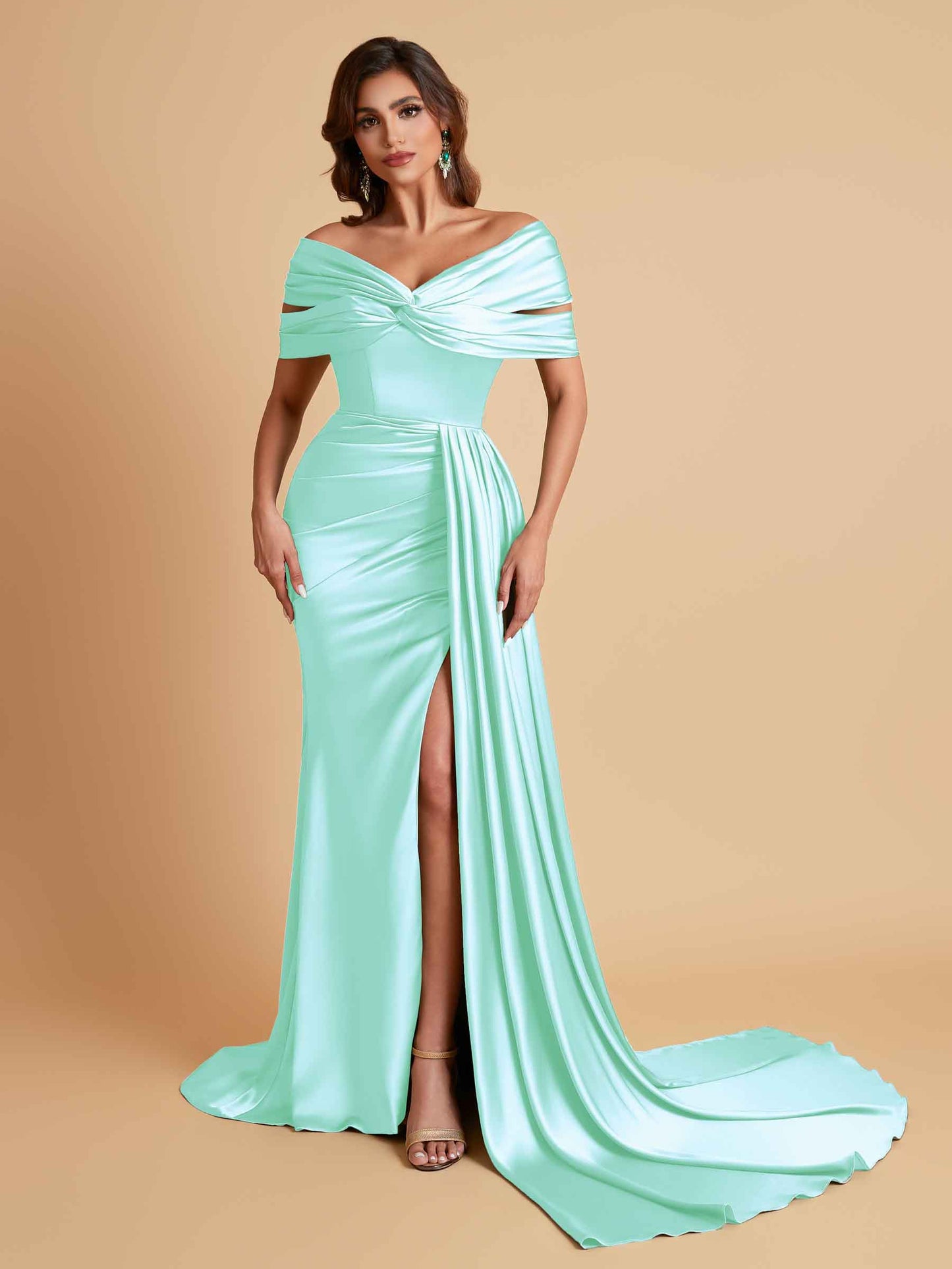 Elegant Soft Satin V-neck Off-the-Shoulder Side-Slit Mermaid Bridesmaid Dresses
