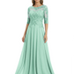 Illusion Neck Mother of the Bride Dress Half Sleeve Lace Applique Gowns Chiffon