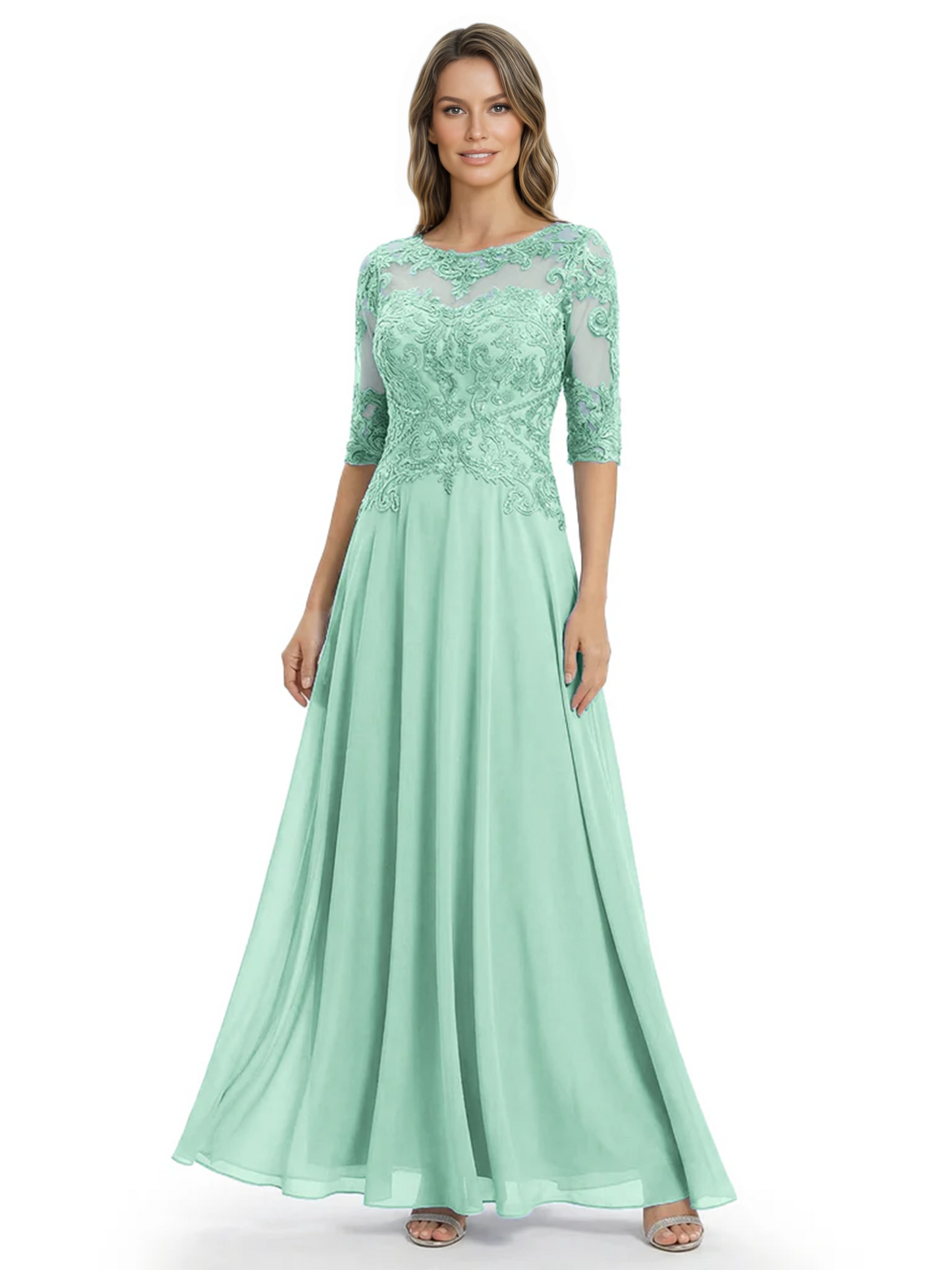 Illusion Neck Mother of the Bride Dress Half Sleeve Lace Applique Gowns Chiffon