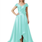 Off Shoulder Mother of the Bride Dress High-Low Satin Gown with Portrait Neckline