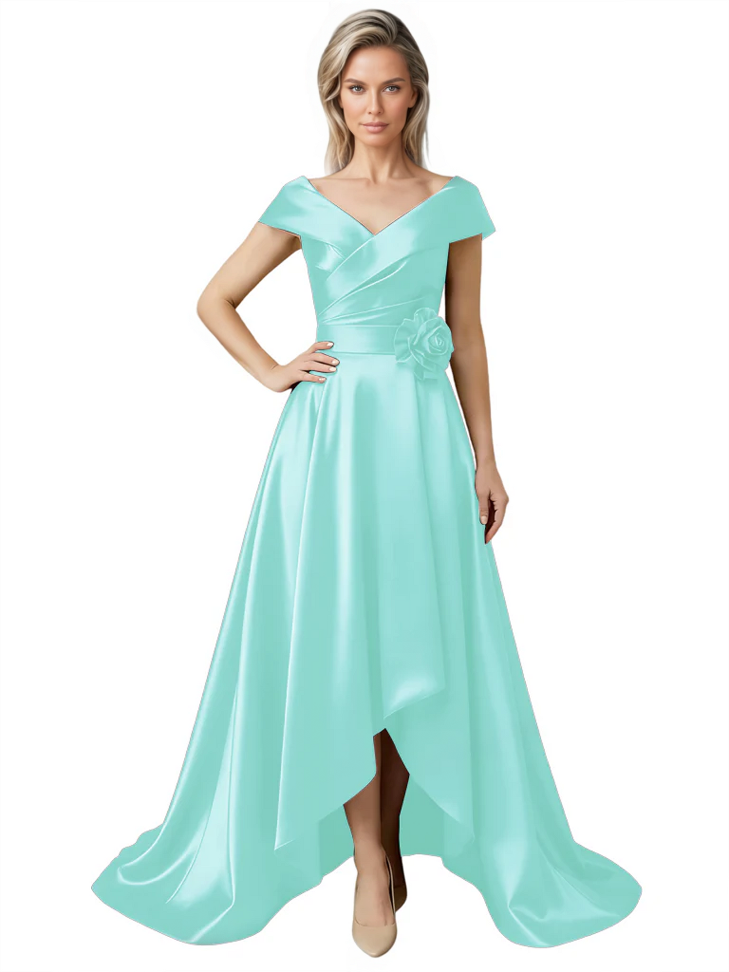 Off Shoulder Mother of the Bride Dress High-Low Satin Gown with Portrait Neckline