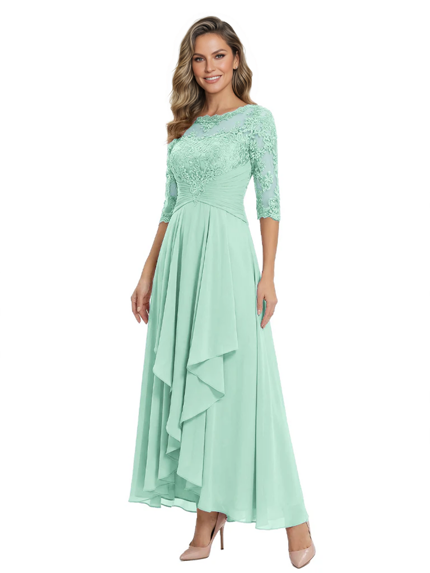 3/4 Sleeve Mother of the Bride Dress with Lace Embroidery High-Low Hem 2026