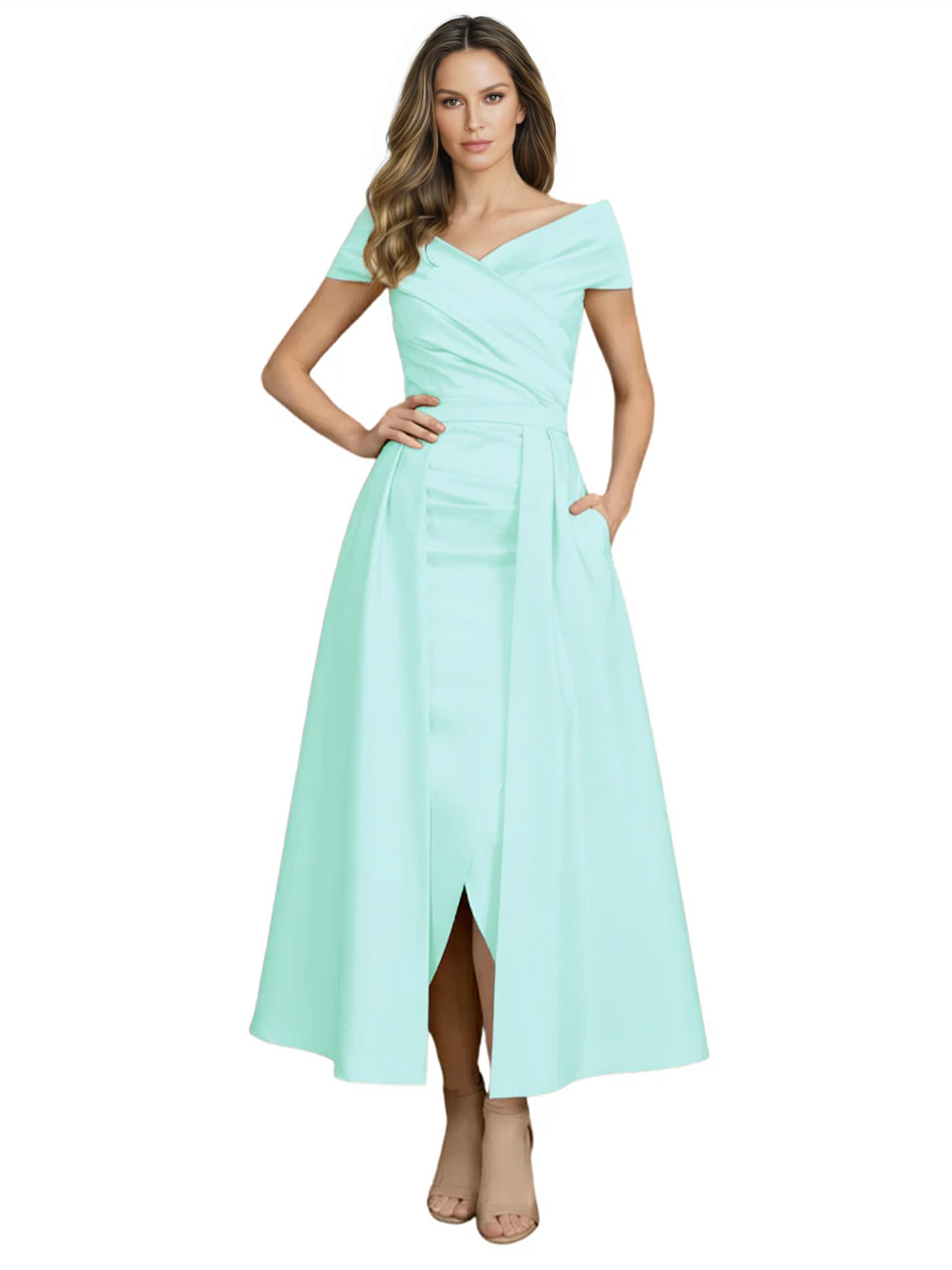 Formal Floor-Length Mother of the Bride Gown Satin Maxi Dress with Slit Off Shoulder