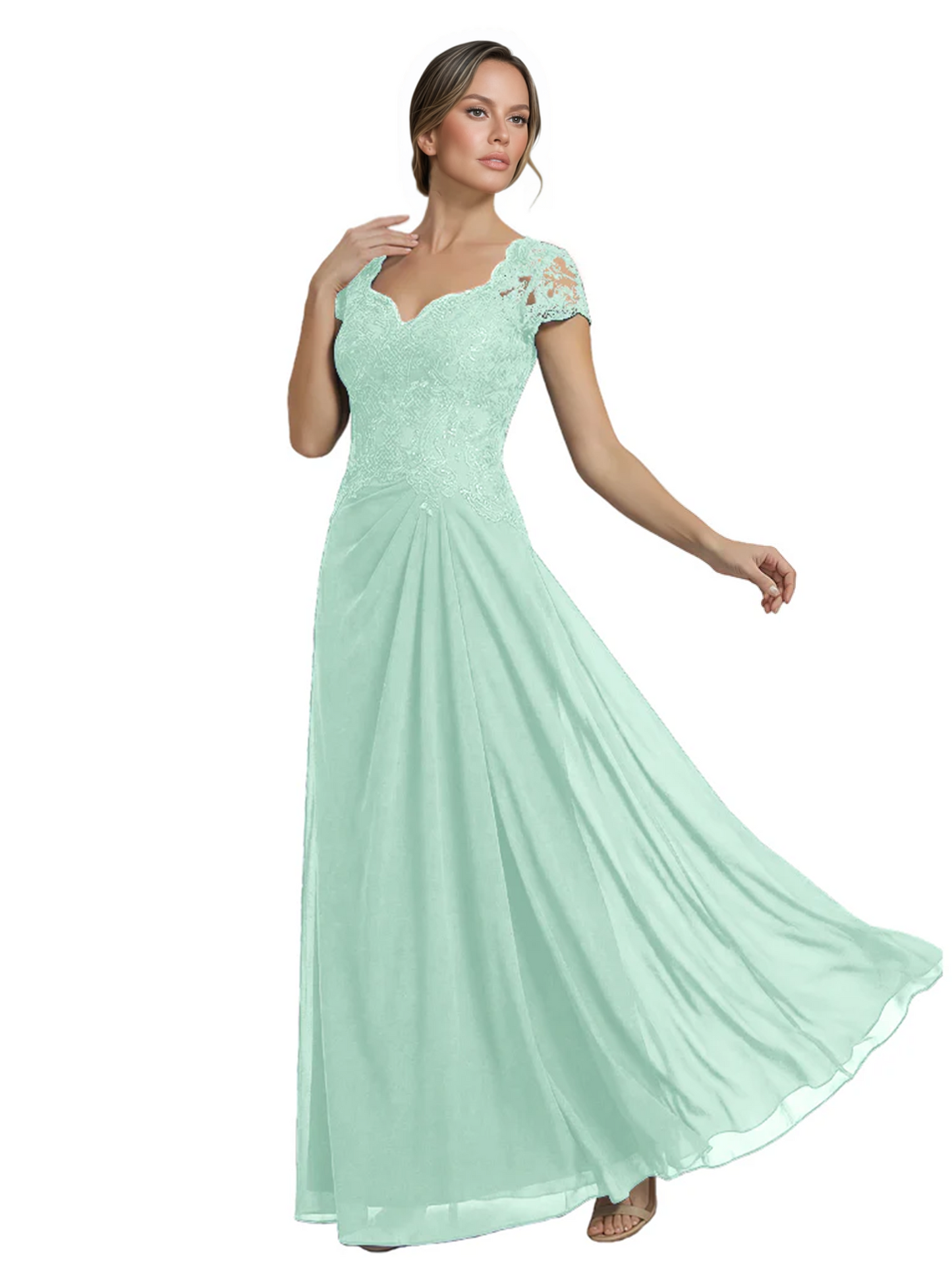 Long A-line Chiffon Short Sleeves Mother of the Brides Dresses Lace Wedding