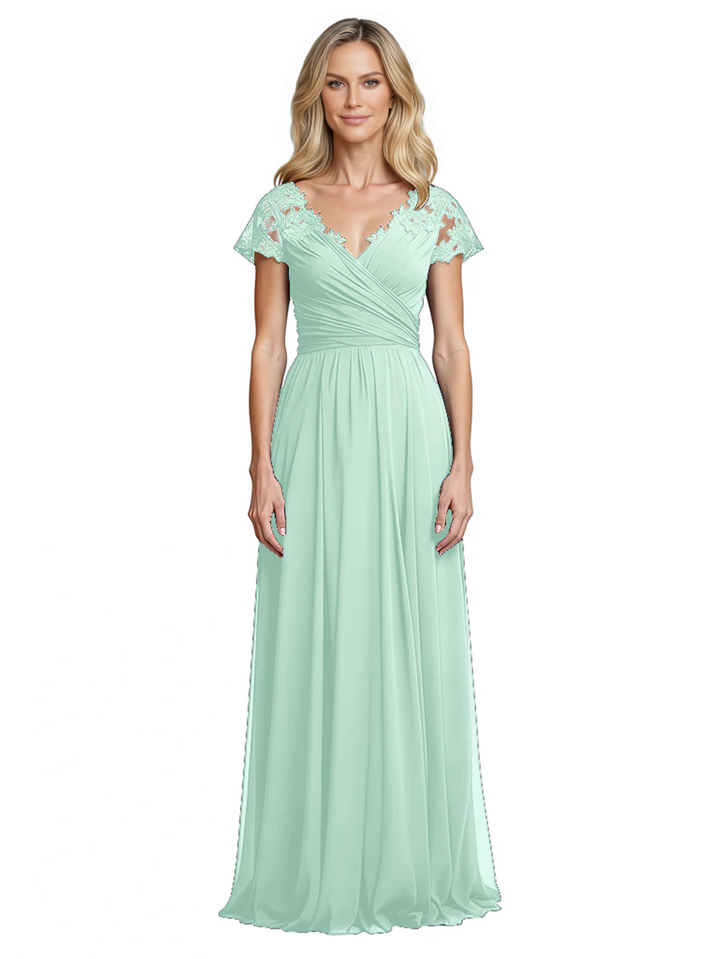 Mother of the Bride Dress Cap Sleeves and V-Neckline with Embroidered Lace Shoulders