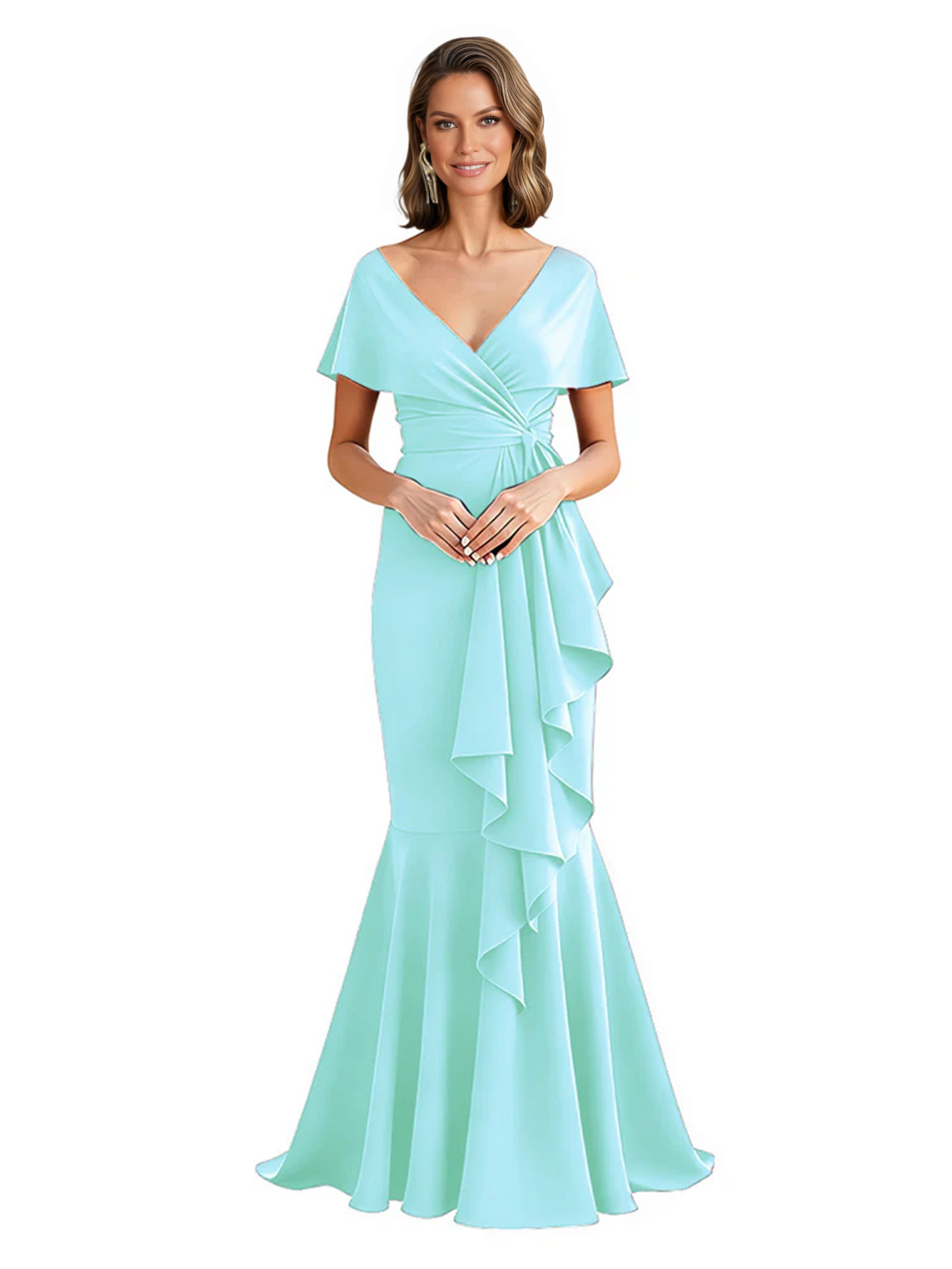 Satin Mother of the Bride Dress with Cascading Ruffles and Mermaid Tail V-Neck