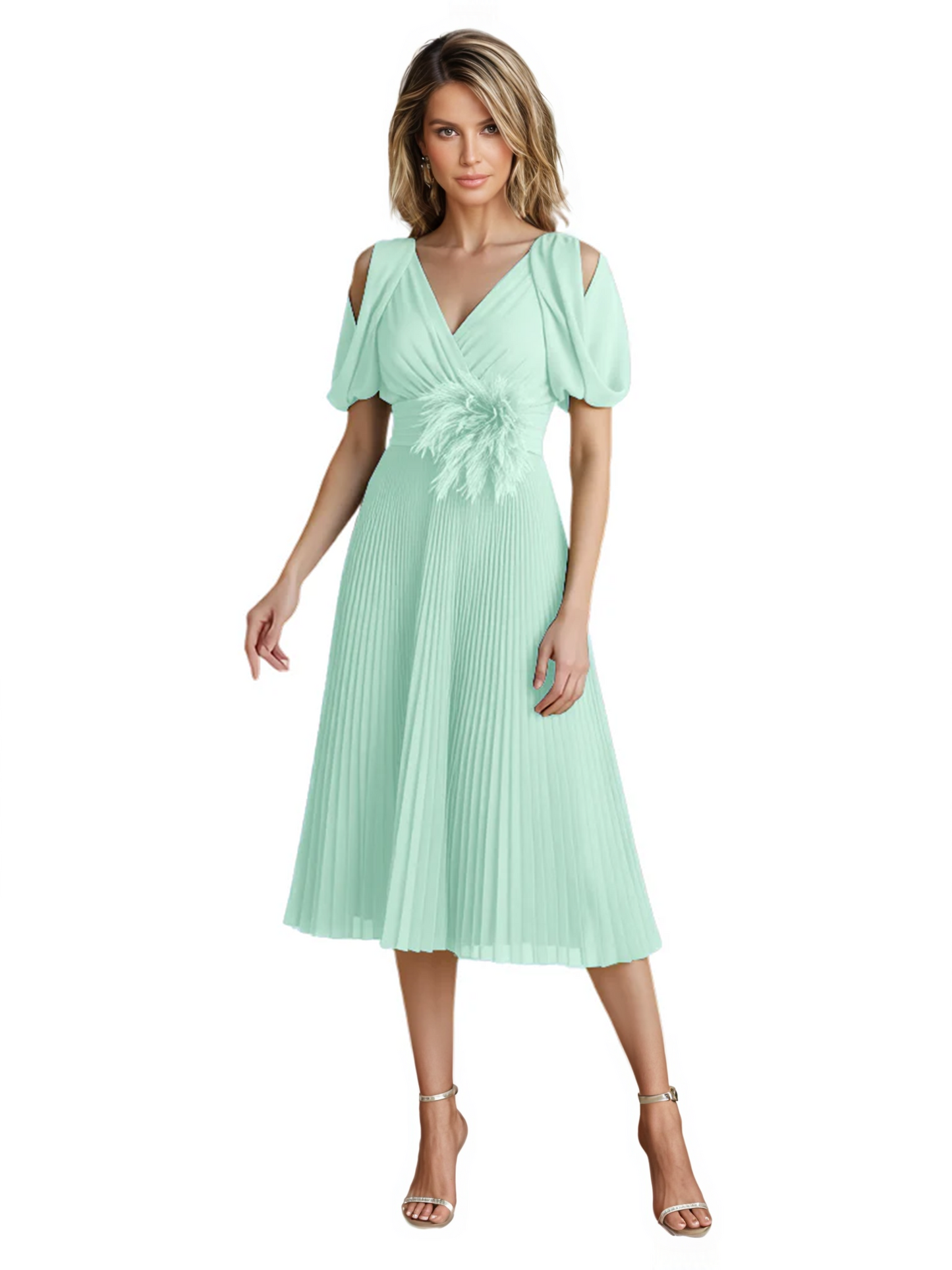 Wedding Formal Dress V-Neck Pleated Chiffon Gown with 3D Flower Accent Knee Length