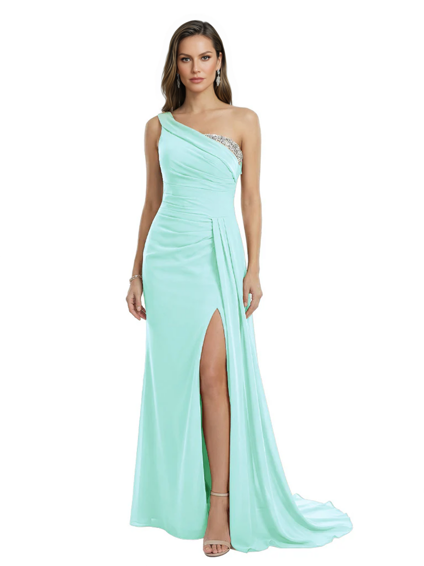 One Shoulder Mother of Bride Dress Ruffle Formal Gowns Mermaid Floor Length Train Slit