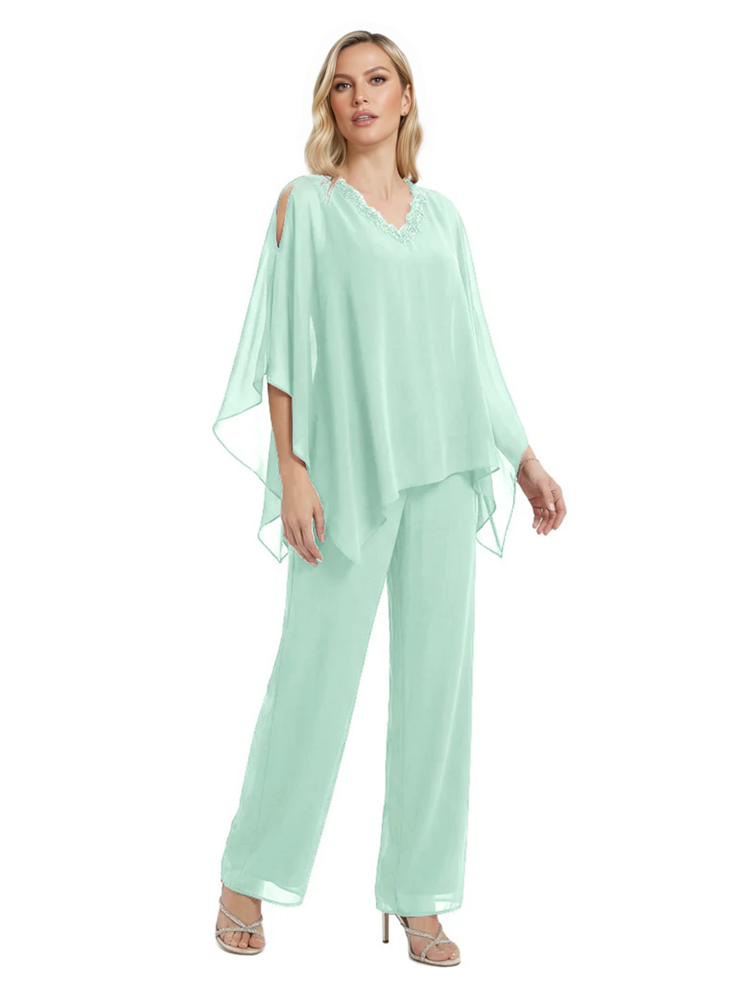 V-Neck Chiffon Mother of the Brides Dresses Plus Size Jacket Suits Wedding