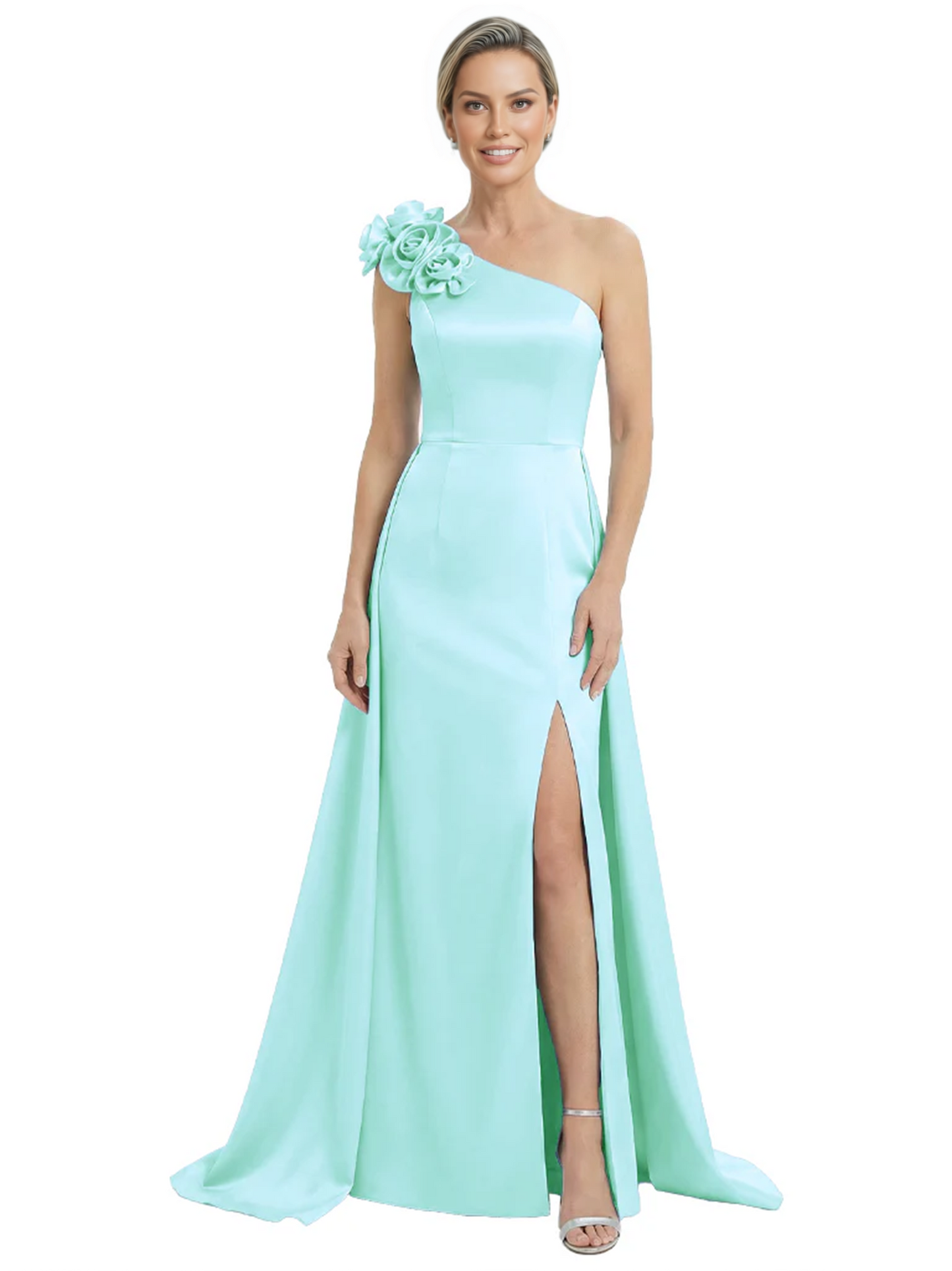 One Shoulder Mother of the Bride Dress with 3D Floral Detail Formal Dress A-Line Gowns with Slit
