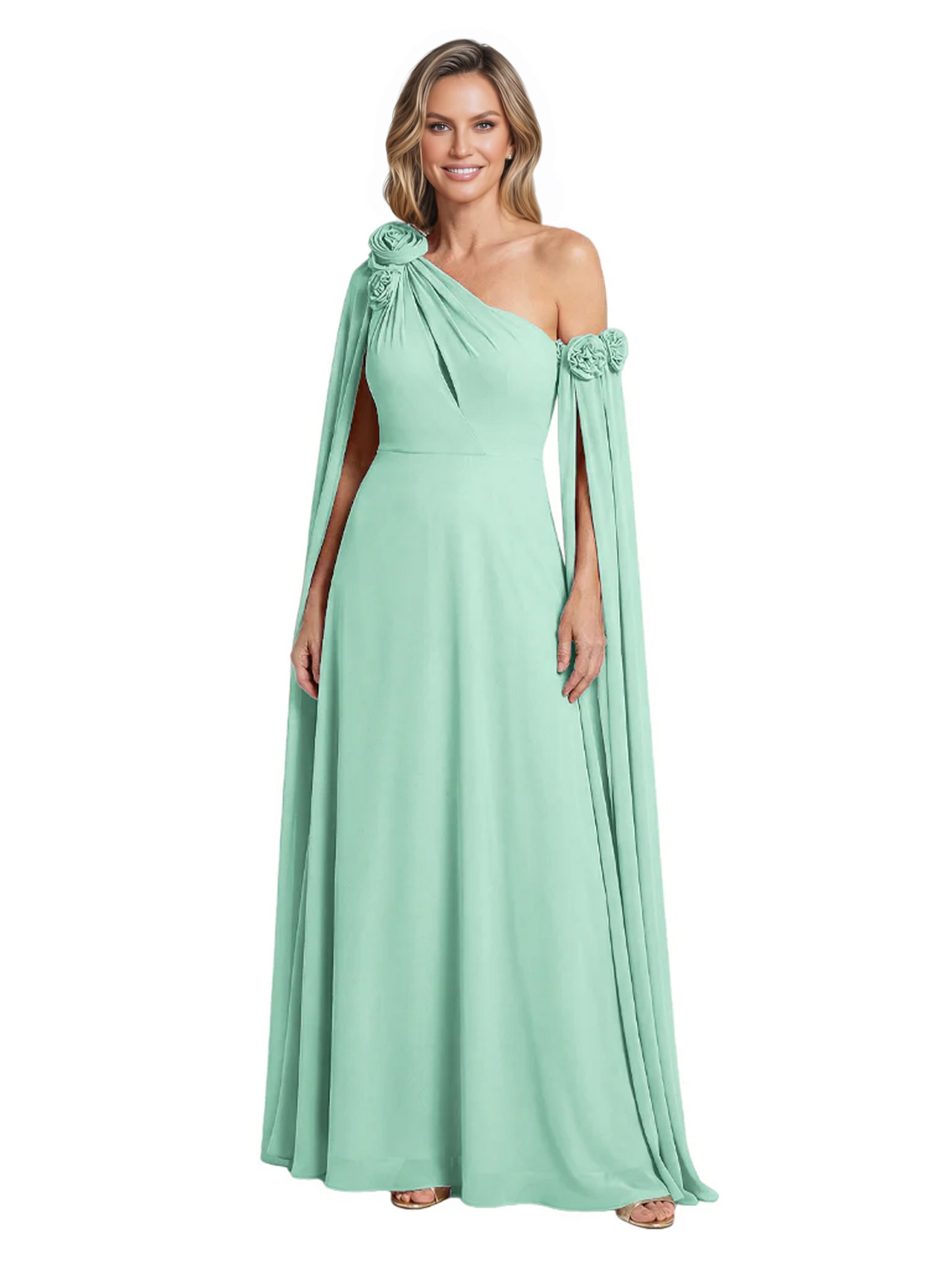 One Shoulder Mother of the Bride Dress Asymmetrical Cape Sleeve Gown with Floral