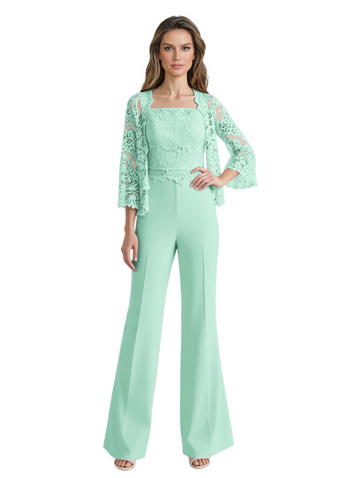 Mother of the Bride Jumpsuit with Lace Jacket 3/4 Sleeve Formal Pant Suit