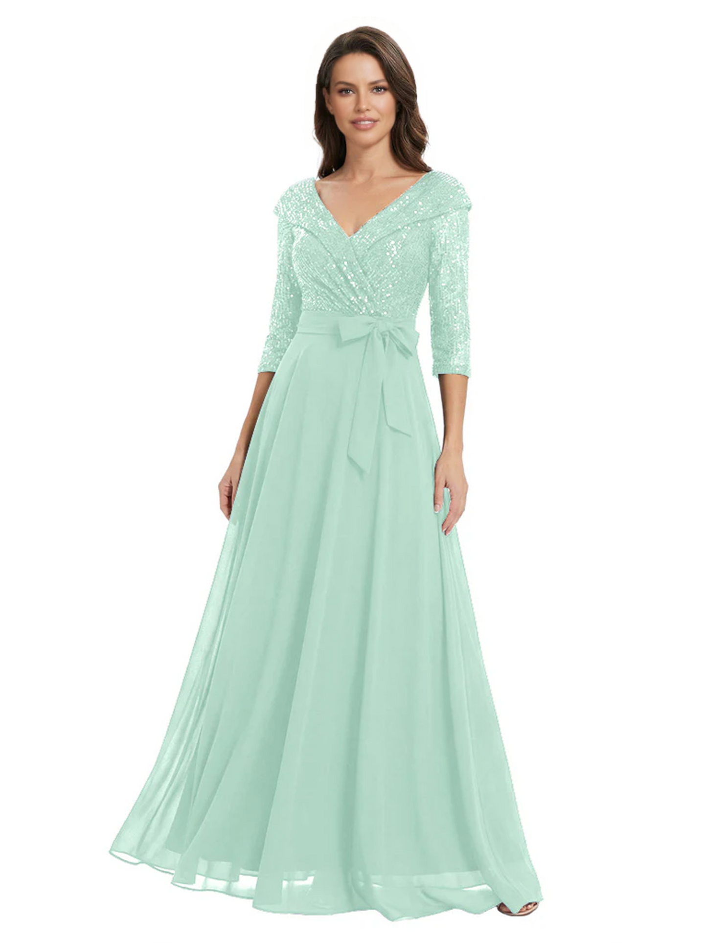 Chiffon Mother of the Bride Dress with Sequin V-Neck and Elegant Bow Sash