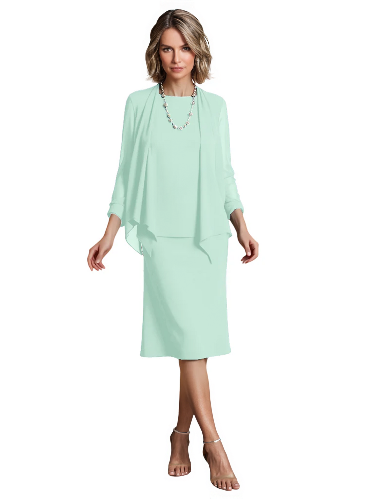3 PCS Knee-Length Mother of Bride Dresses Prom Dress Evening Dress with Sheer Sleeves and Jacket