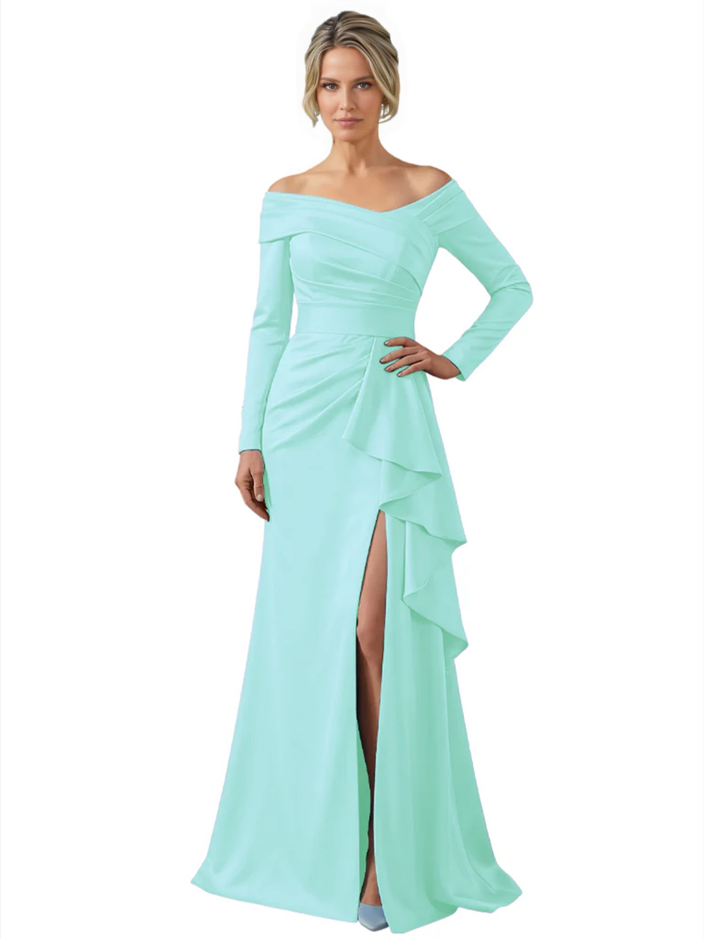 Elegant Mother of the Groom Dress Cascading Ruffle Satin Gown with High Slit Long Sleeves