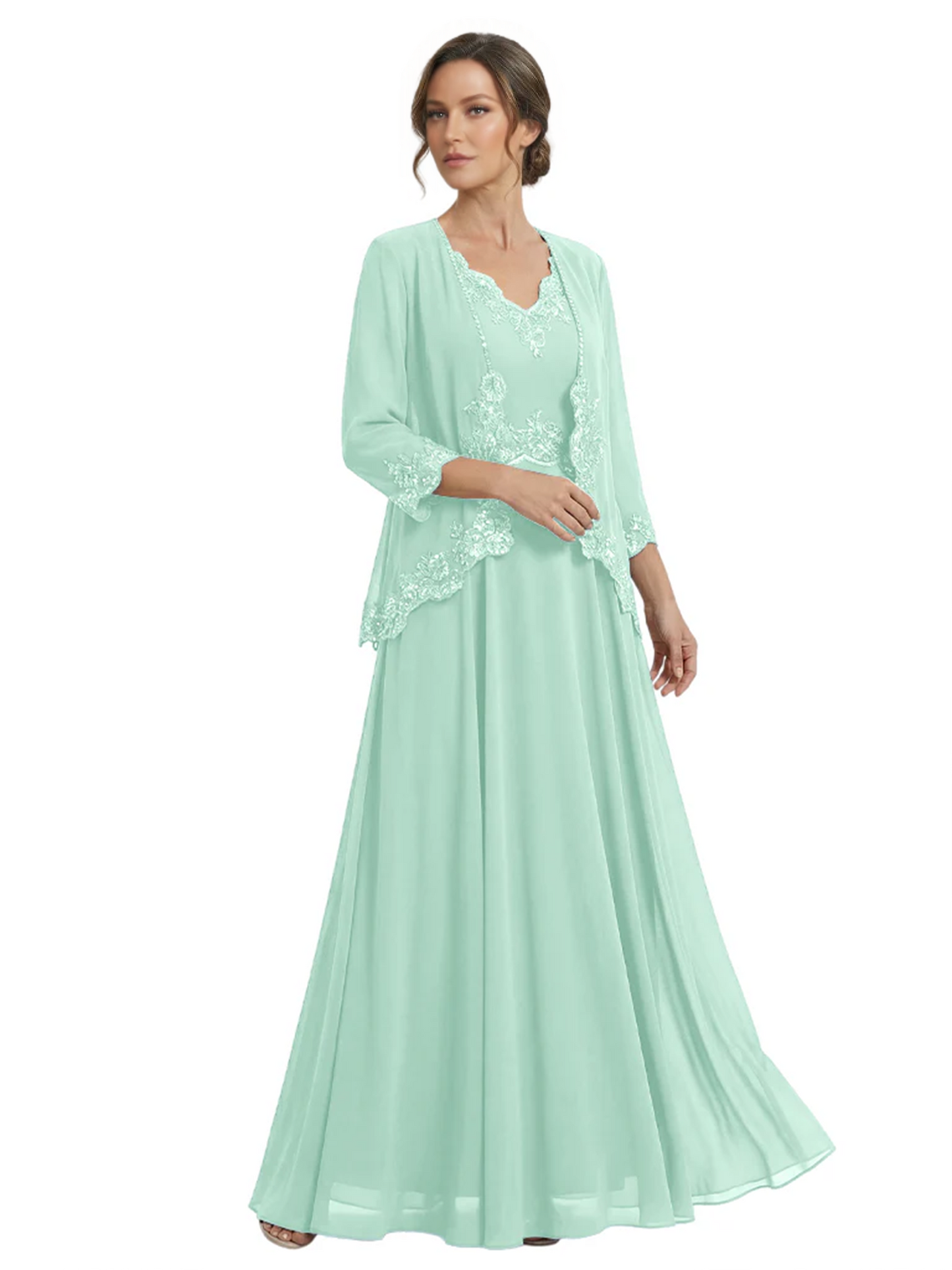 Plus Size A-line Chiffon 3/4 Sleeves Mother of the Brides Dresses Long Jacket Dress